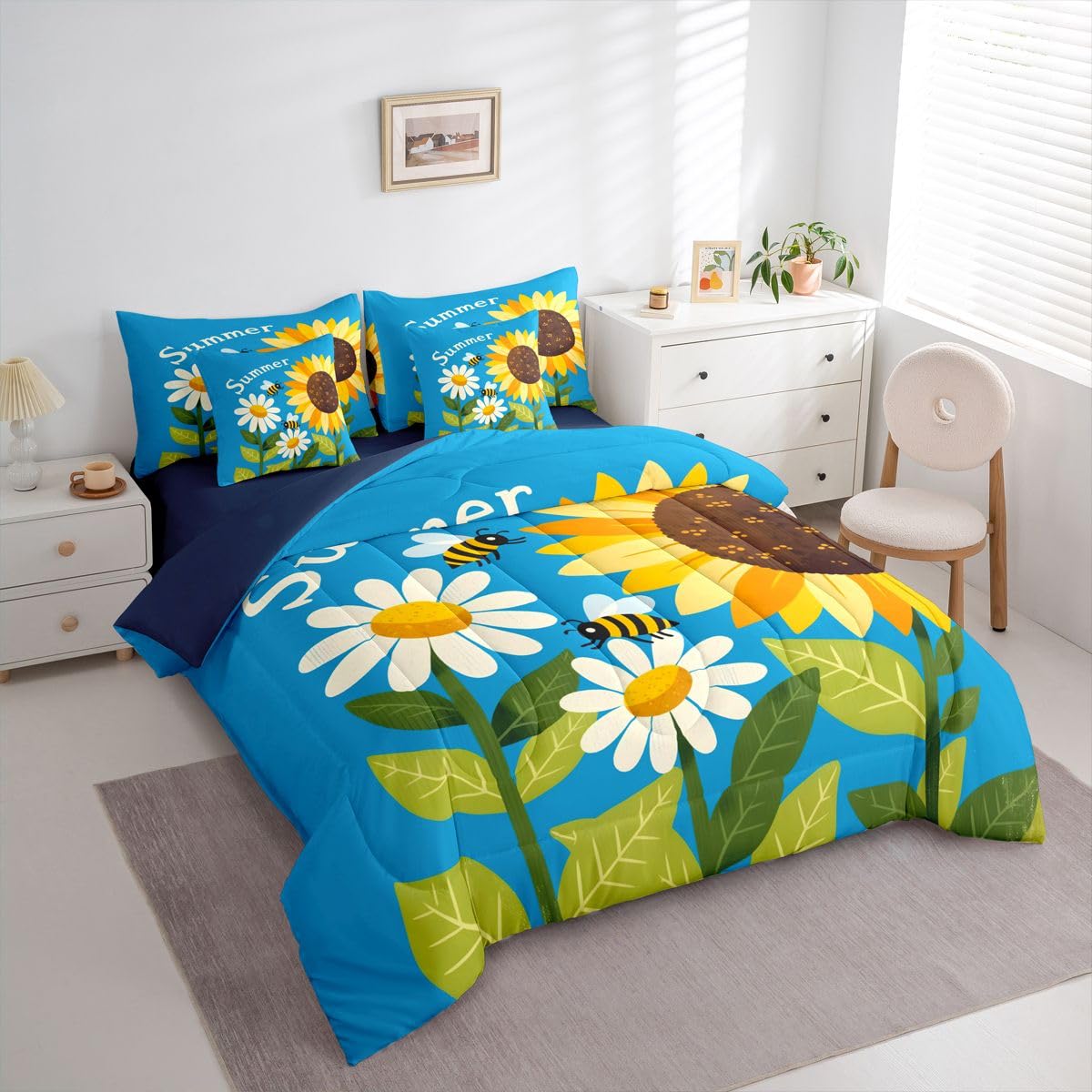 Erosebridal Sunflower Bee Queen Bedding Set Blue Yellow Green Cartoon Daisy Comforter Set Kids Boys Girls Vibrant Summer Floral 7-Piece Bed in a Bag Cheerful Garden Art Quilt Sets