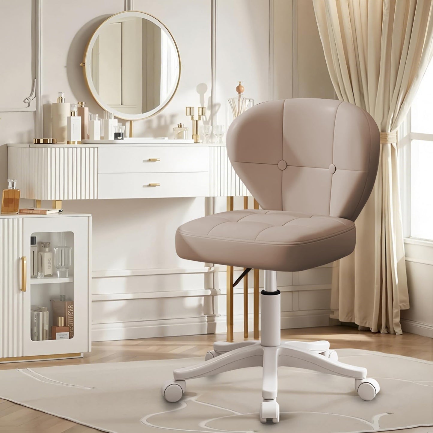 Timbertouch Small Office Chair with Lumbar Support, PU Leather Armless Swivel Desk Chair Adjustable Height, Compact Rolling Chair for Home Office, Bedroom, Study Khaki