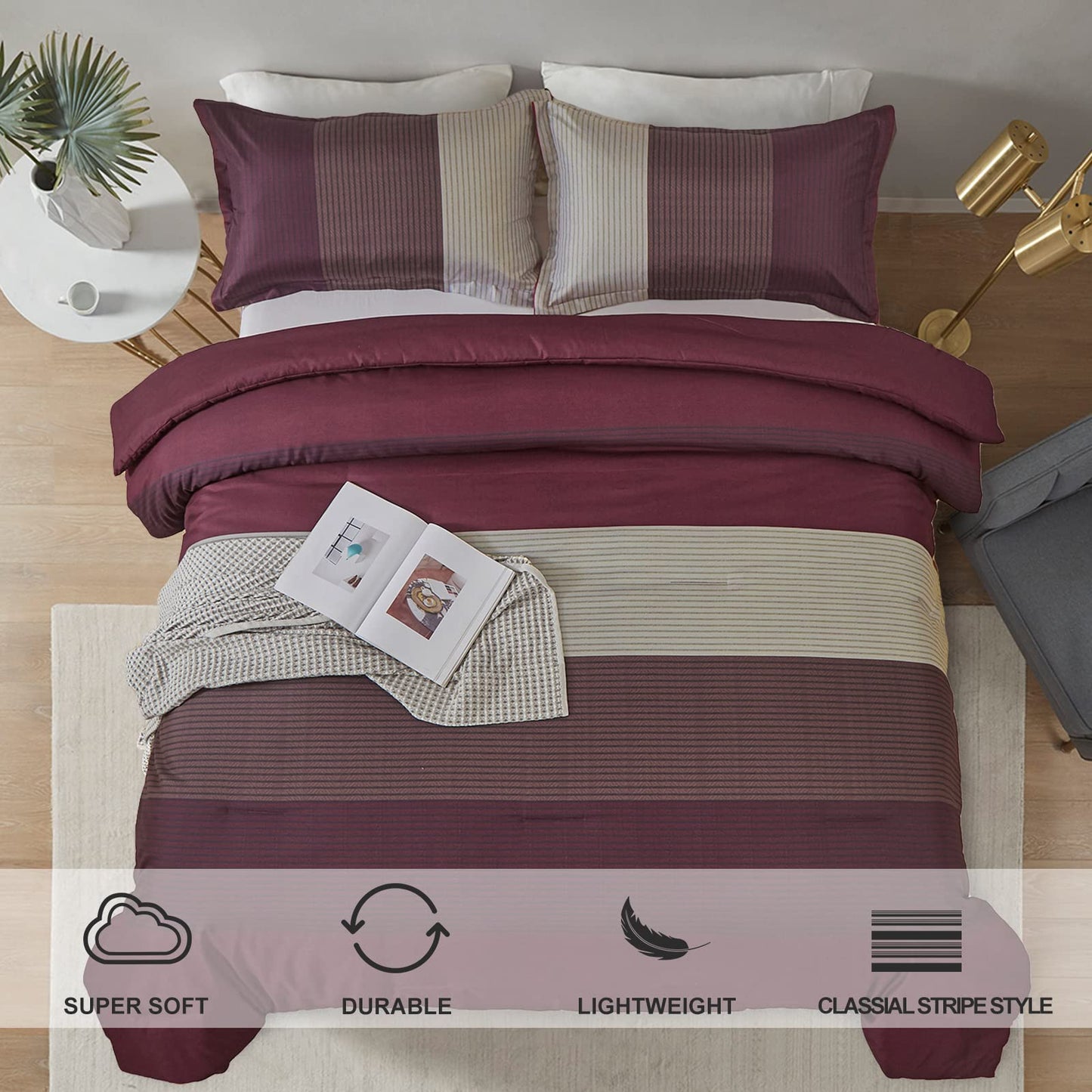 WONGS BEDDING Burgundy Comforter Set Queen, Reversible Burgundy Stripe Down Alternative Comforter for All Season,3 Pieces(1 Comforter+2 Pillowcases), Soft Microfiber Bedding Duvet Set 90”×90”