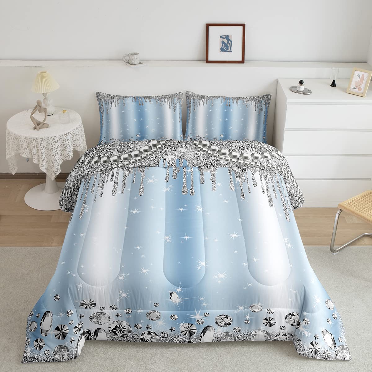 Silver Glitter Bedding Set (No Glitter) Bling Party Decorations Sky Blue Comforter Set for Kids Boys Girls Teens Diamond Jewelry Quilted Duvet Room Decor Galaxy Sparkling Bedspread Queen,3pcs