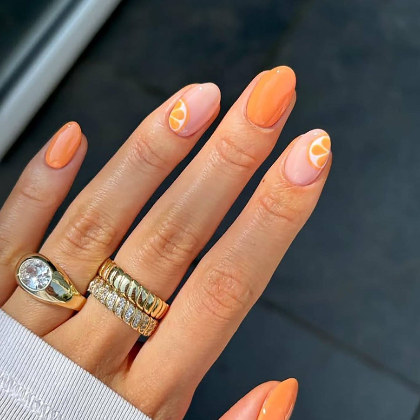 Orange Press On Nails Short Almond Fake Nails Press Ons With Orange Design False Nails Summer Acrylic Nails Glossy Glue On Nails For Women
