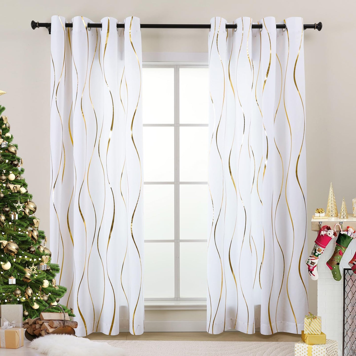 L.Z.E White Privacy Curtains 72 Inches Long 2 Panels Set, Light Filtering Non-See-Through Curtains & Drapes for Living Room Bedroom Nursery, Elegant Gold Wave Pattern Grommet Top Window Treatment
