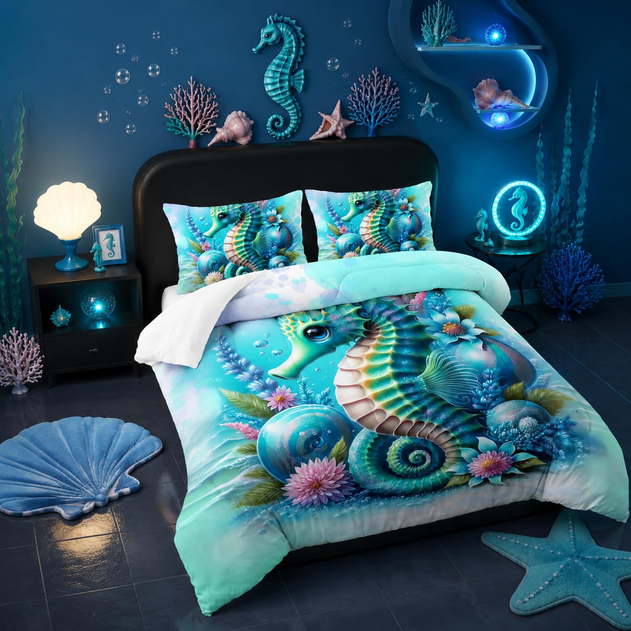 Green Seahorse Comforter 3Pcs Twin Tie-dye Blue Ocean Animal Bedding Set