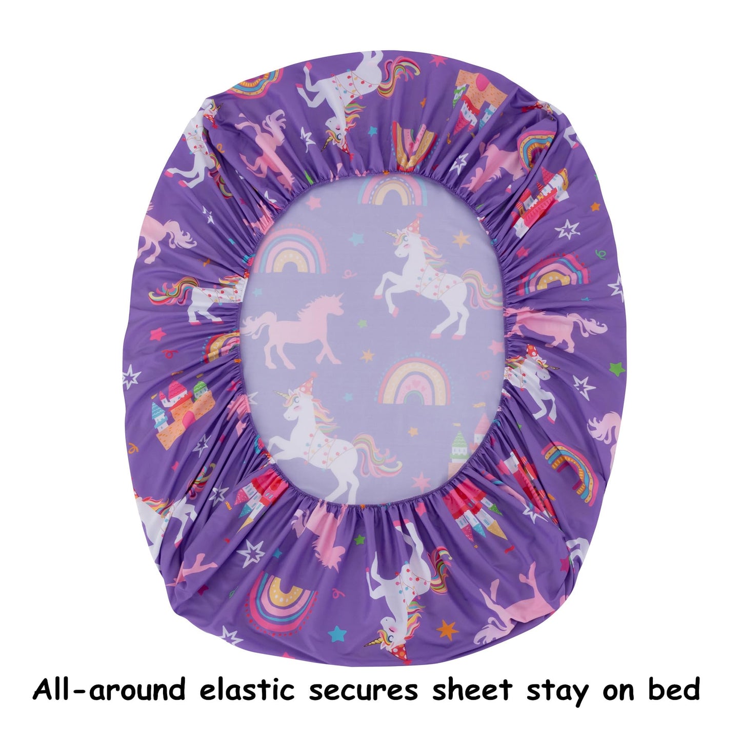 URLINENS Girls Sheets Full Size 4 Piece, Rainbow Star Castle Unicorn Sheet Set for Kids Teens, Fun Purple Bed Sheets Soft Microfiber Girls Bedding Sheet-1 Fitted Sheet 1 Flat Sheet 2 Pillowcases