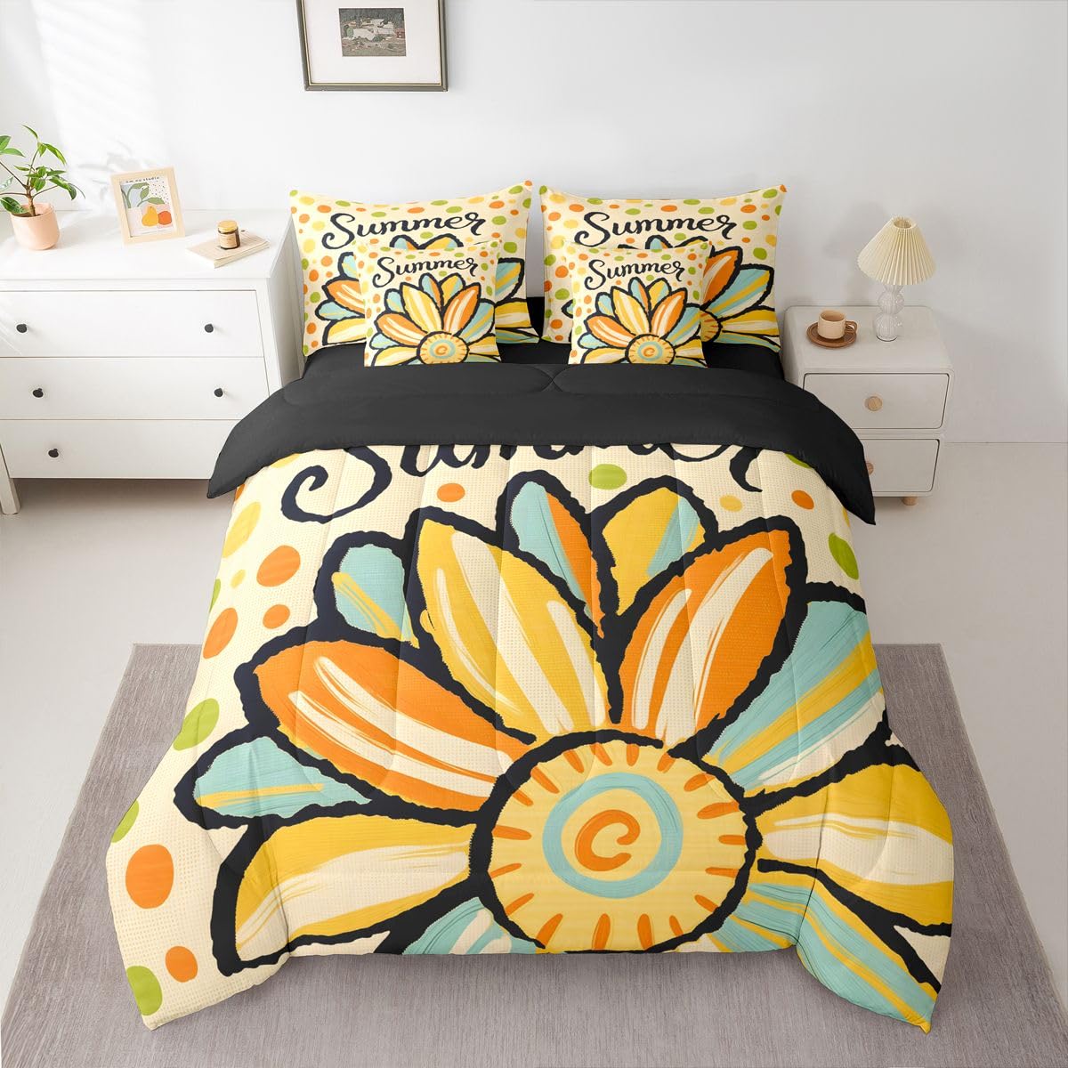 Erosebridal Cute Daisy Queen Bedding Set Retro Polka Dot Comforter Set with Flat and Fitted Sheet Whimsical Summer Colorful Floral 7-Piece Bed in a Bag Kids Friendly Playful Art Quilt Sets