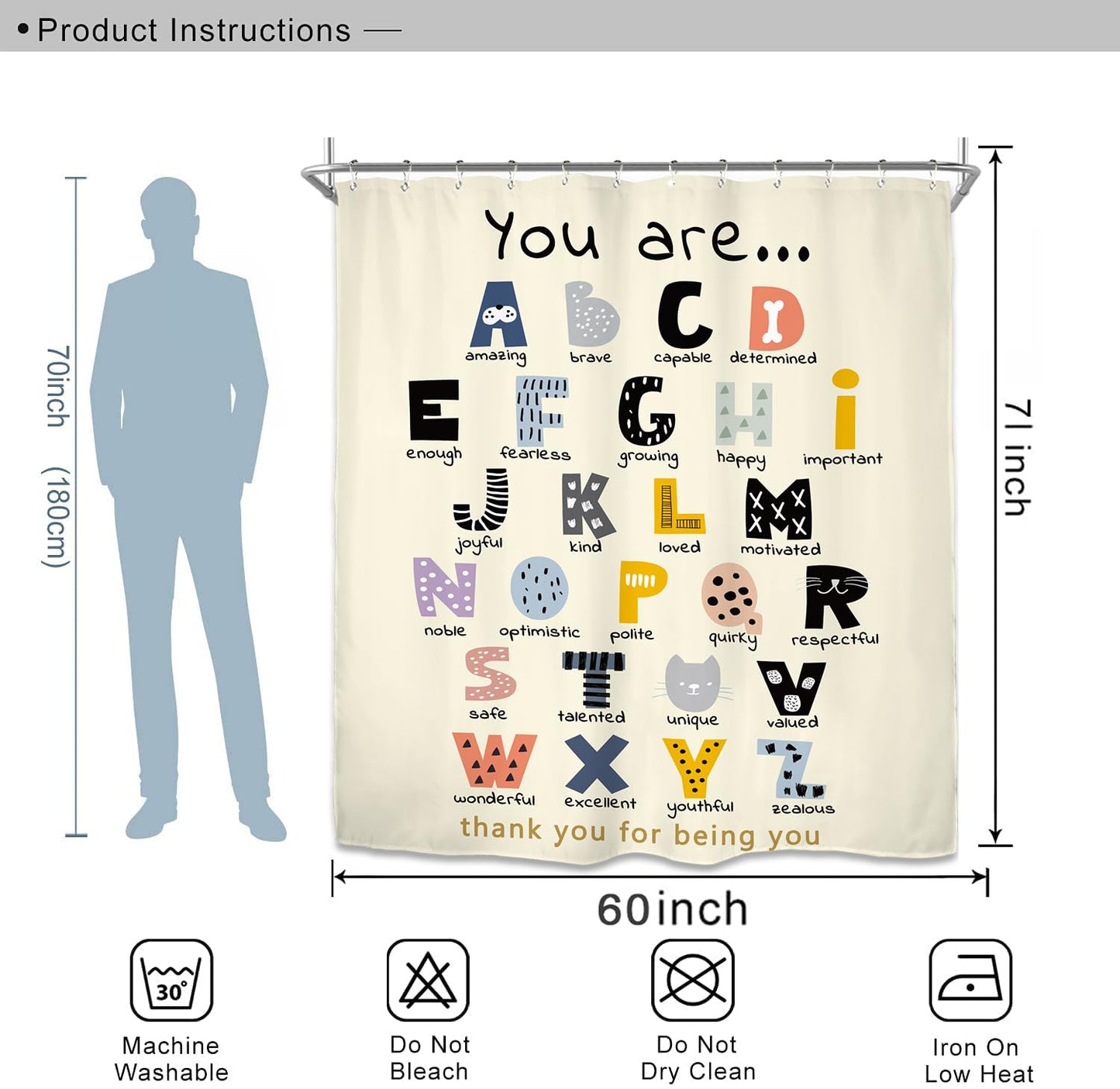 Miyotaa ABC Alphabet Quotes Shower Curtain Set 60Wx71H Inches Positive Inspirational Motivational You are Learning Educational Kids Polyester Waterproof Cloth Bathroom Curtain with 12 Hooks