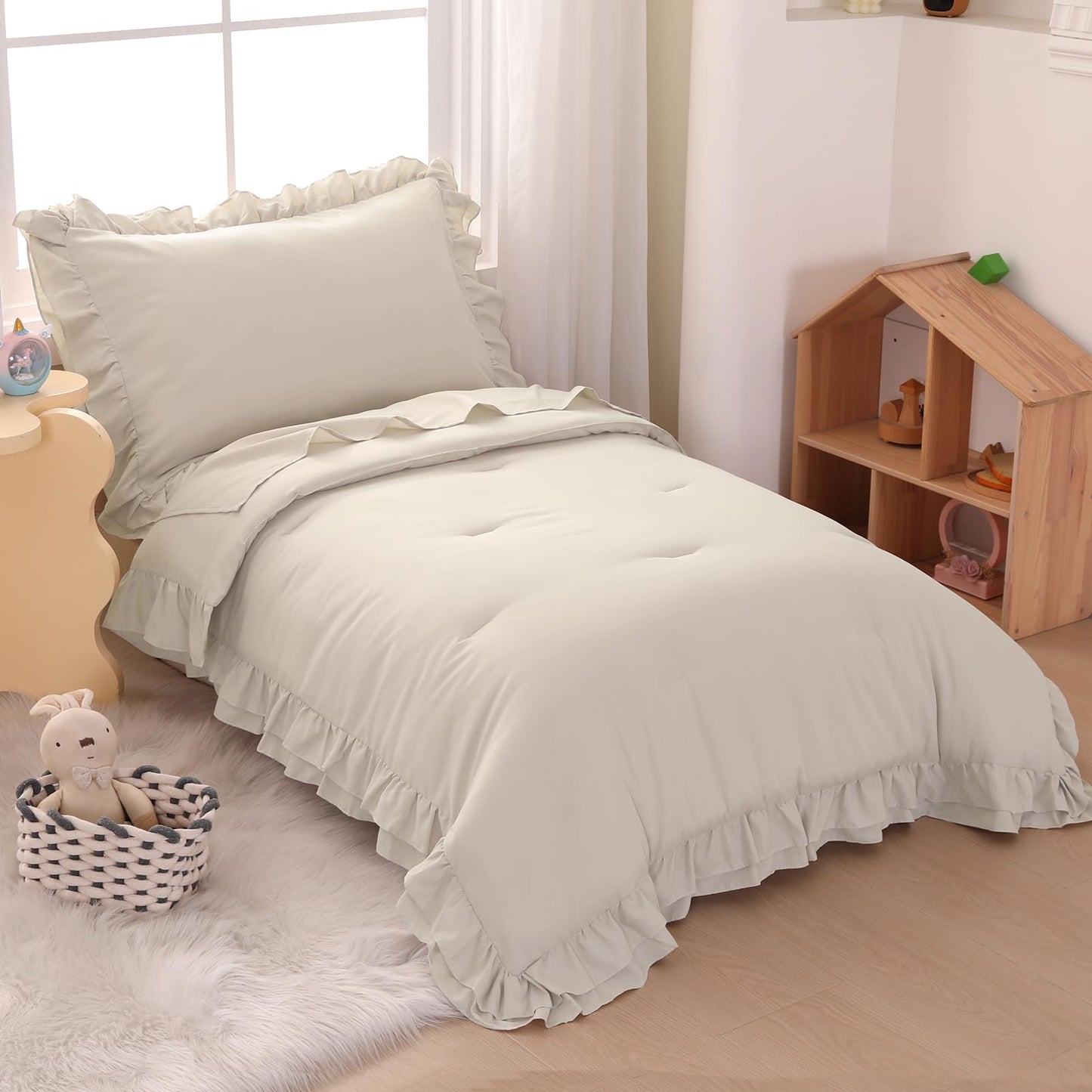 Wowelife Toddler Bedding Set for Girls, 4 Piece Double Ruffles Soft and Breathable Crib Bedding Set for Boys and Girls, Includes Quilted Comforter, Fitted Sheet, Flat Sheet and Pillowcase, Pale Beige