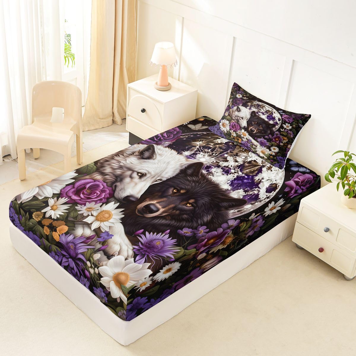 Feelyou Wolf Fitted Sheet Twin Size for Kids Boys Girls Halloween Themed Bed Sheets Set 16" Deep Pocket Soft Breathable Microfiber Trick or Treat Bedding with 1 Pillowcase Wolves Howling Room Decor