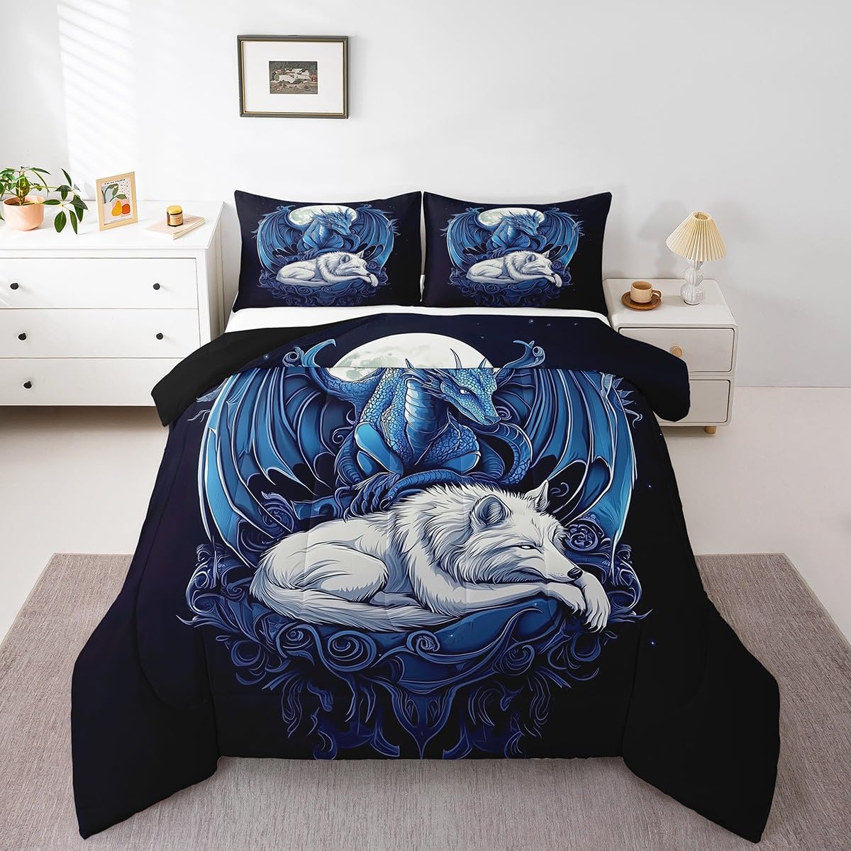 Erosebridal Dragon Comforter Set Full Size for Boys, Wolf Animals Bedding Set, Tribal Exotic Wildlife Down Comforter for Boys Adult Men Room, Moon Starry Sky Quilt, Black Blue
