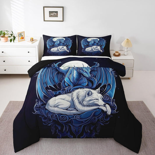 Erosebridal Dragon Comforter Set Full Size for Boys, Wolf Animals Bedding Set, Tribal Exotic Wildlife Down Comforter for Boys Adult Men Room, Moon Starry Sky Quilt, Black Blue