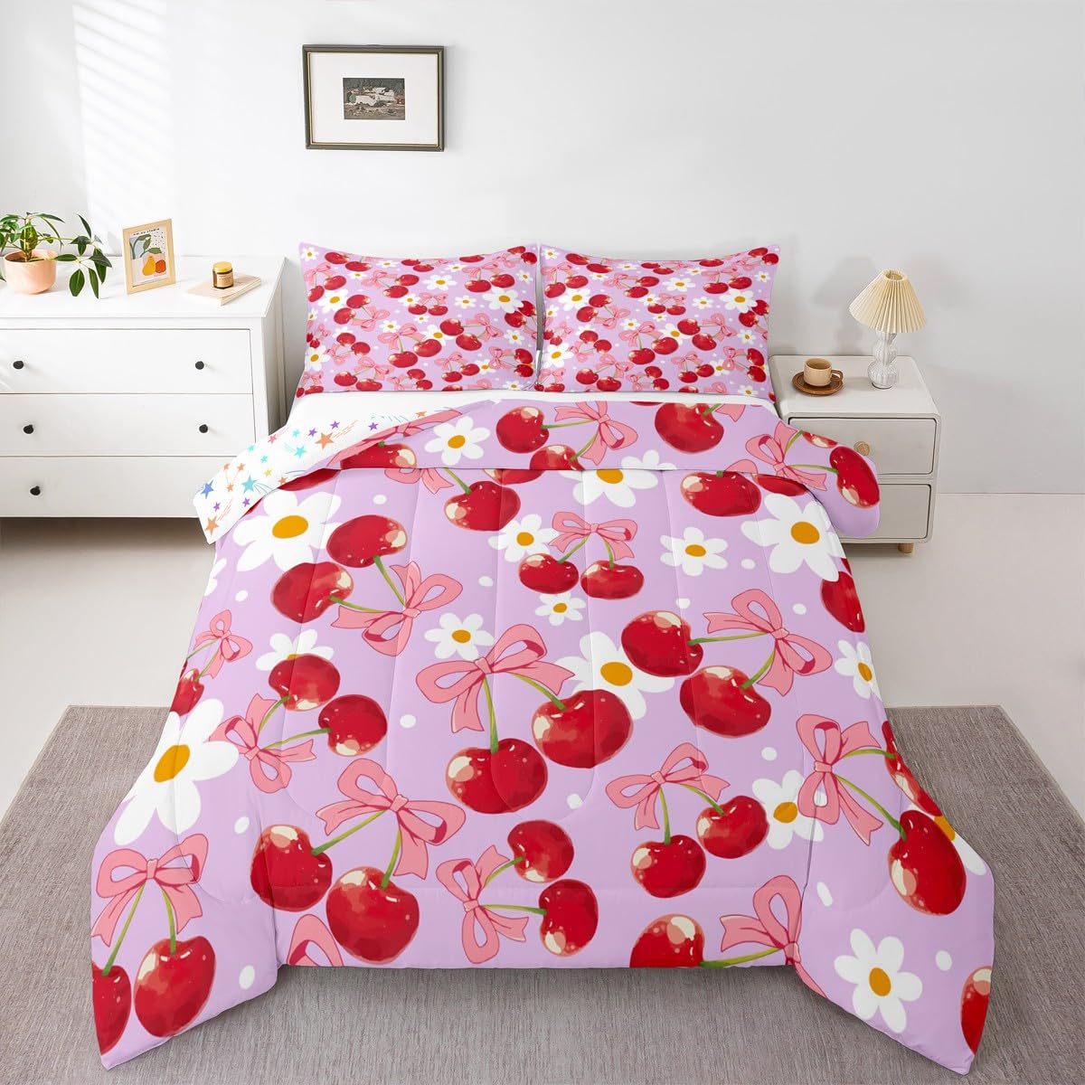 Erosebridal Red Cherry Bow Comforter Set Pink Bow Tie Full Size Bedding Sets | Daisy Flowers Rustic Comforter Dreamy Princess Style Ribbon Bowknot Bed Set,Purple