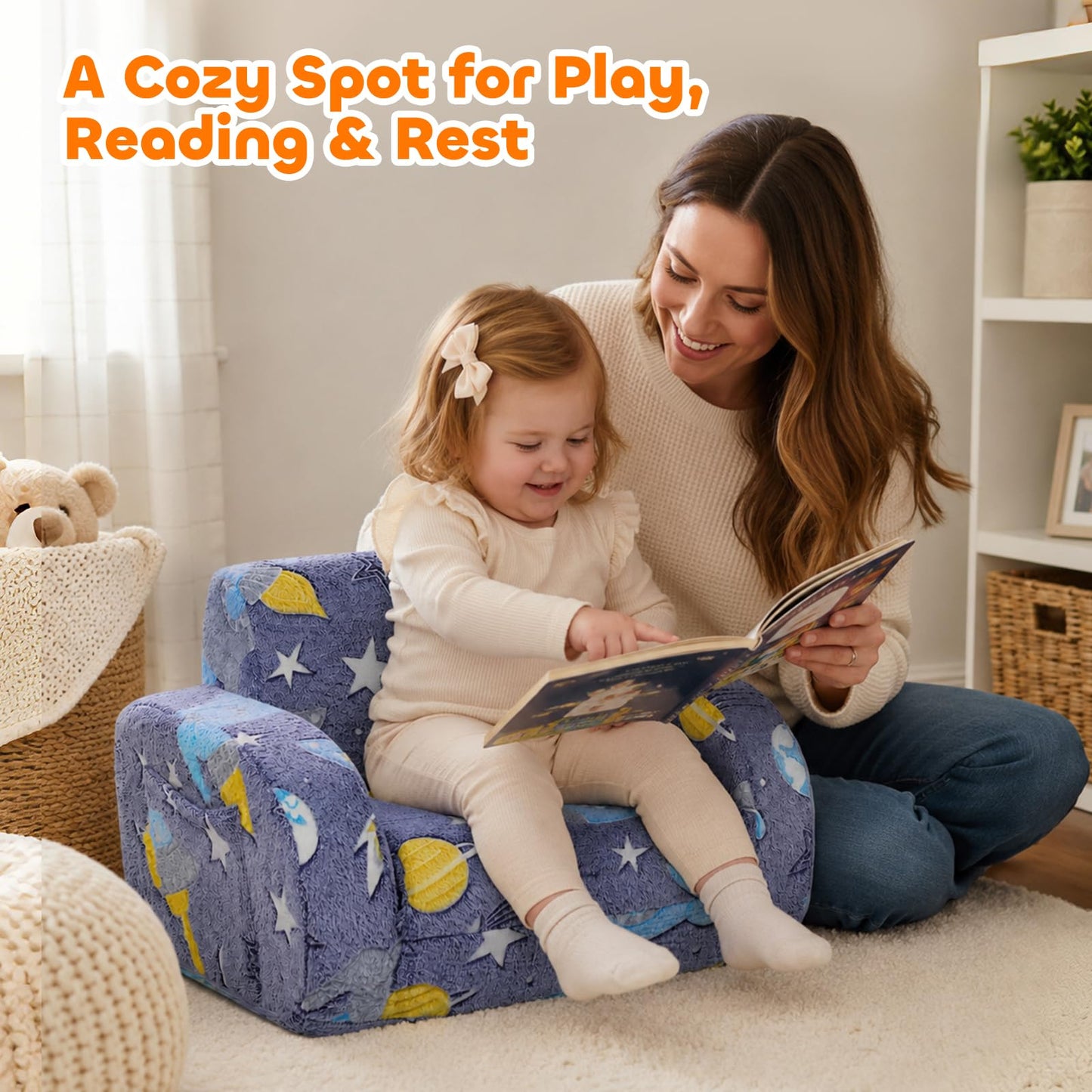 LZNIOZ 3-in-1 Kids Couch, Toddler Chair Comfy 1-3 Years Old, Kids Fold Out Couch with Blanket, Convertible Sofa to Lounger for Girls and Boys Reading, Playing, Napping - Blue