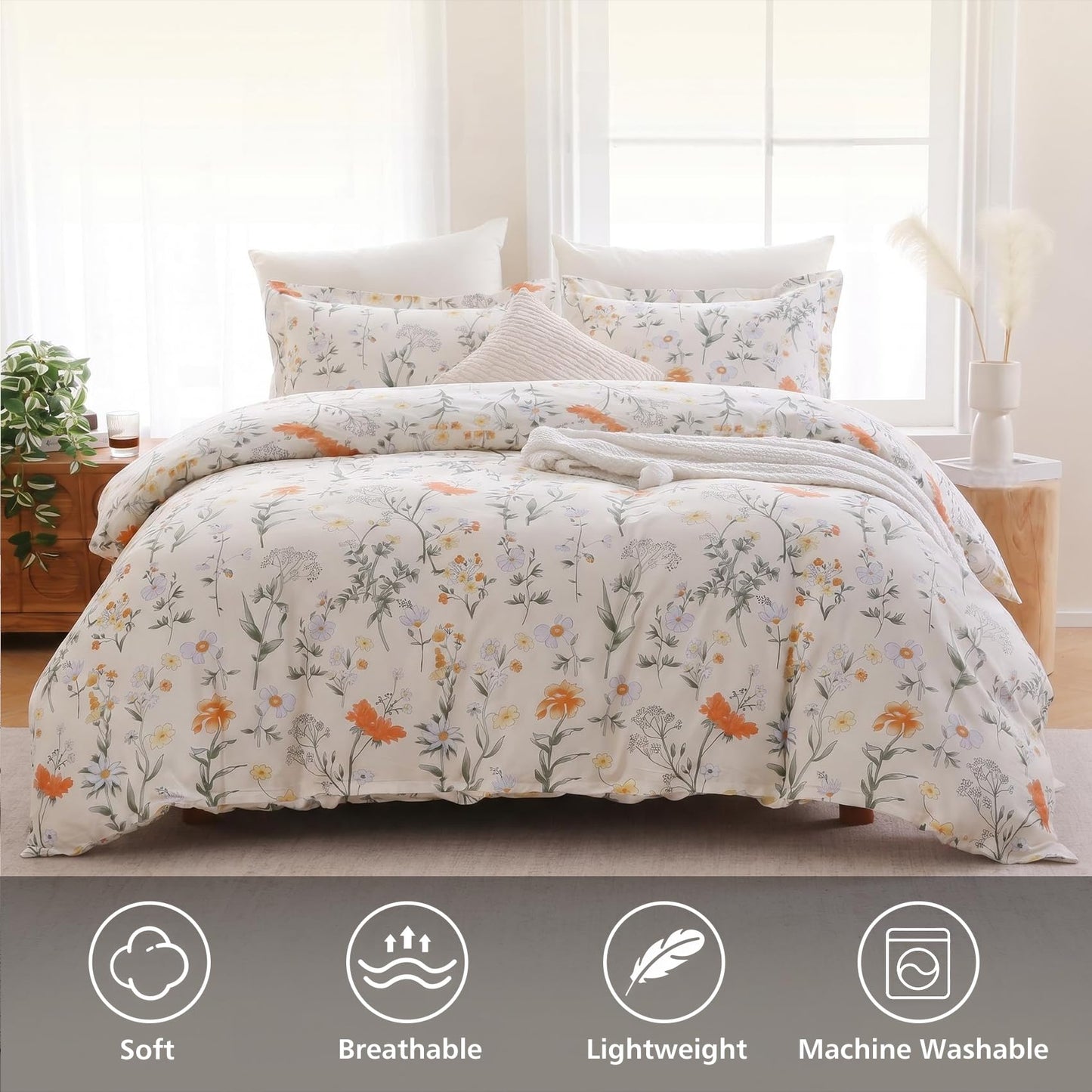Ocharo Spring Floral 100% Cotton Duvet Cover King Size,Reversible Bedding Set with Yellow White Flowers,Soft Garden and Farmhouse Theme Duvet Bed Cover with 2 Pillow Cases(20"x36")