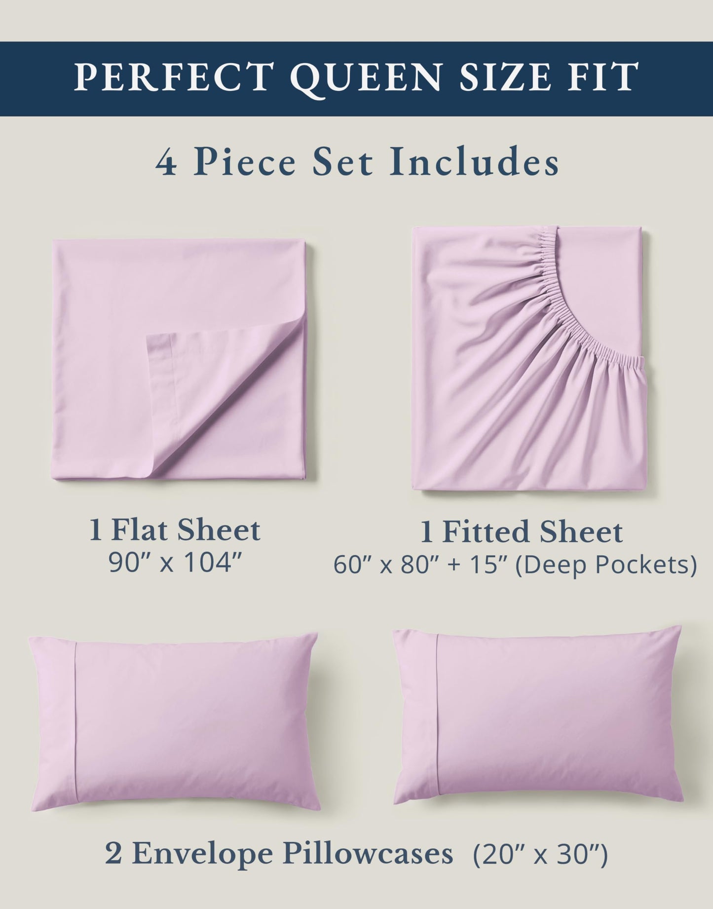 LANE LINEN Cotton Queen Sheet Set 100% Organic Cotton GOTS Certified Percale Weave Deep Pocket 4 Piece Soft Breathable Cooling Lightweight All Season Machine Washable Crisp - Orchid Petal