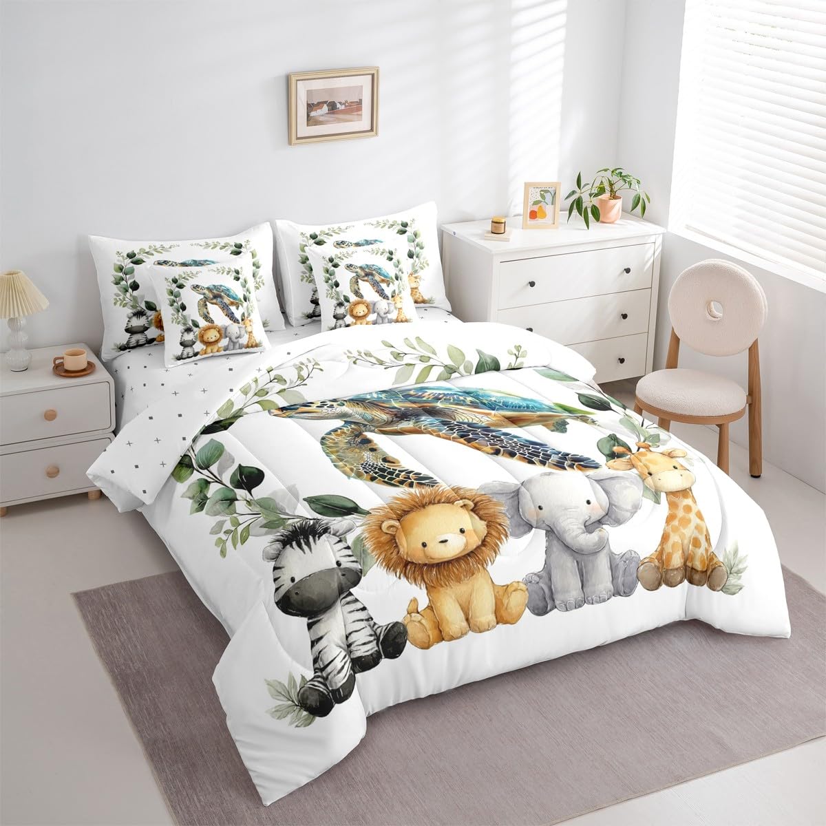 Erosebridal Cute Zoo Animal Twin Size Comforter Set with Sheets Kids | Tortoise Sea Turtle 7-Piece Bedding Set Botanical Eucalyptus Bed in a Bag Cartoon Zebra Lion Elephant Giraffe Bed Quilt Sets