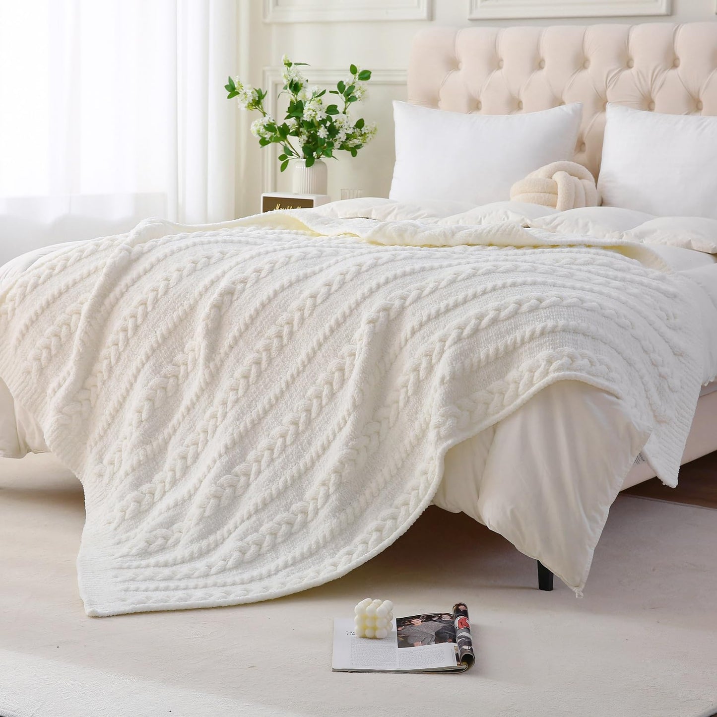 FULFCLVR Cable Knit Throw Blanket 50x60 Inches - Chunky Knit Chenille Blanket for Couch, Bed | Warm & Cozy Winter Blanket for Living Room, Farmhouse Home Decor | Off White