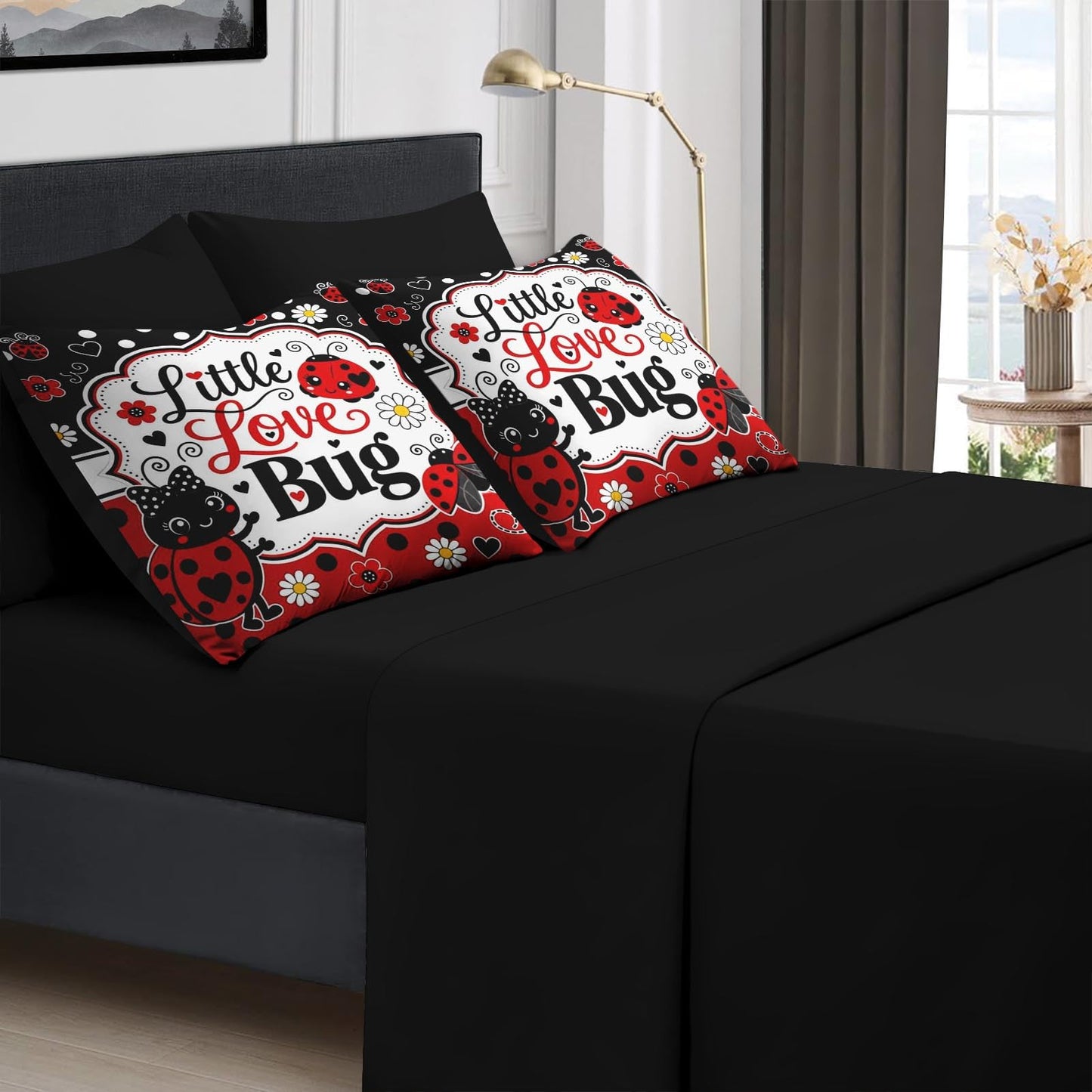 Boewywh Comforter Set Twin Size Ladybug Valentines Heart 5 Pcs, Bedding for Kids and Adults, Bed Sheet Sets with Fitted Sheet Pillowcase & Sham for Bedroom Bed Decor