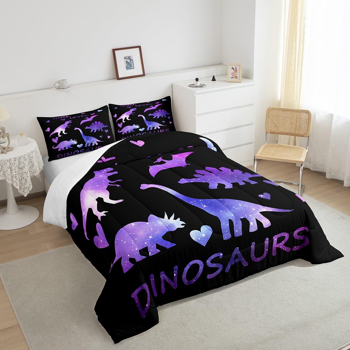 Girls Dinosaur Comforter Set Kids Galaxy Dino Bedding Set for Children Women Bedroom Cartoon Universe Jungle Animal Decor Comforter Outer Space Starry Sky Dinosaurs Duvet Set King with 2 Pillow Case