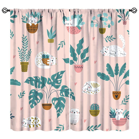 JADERYS Cat Blackout Curtains Cute Cartoon Animal Cat Green Plant Potted Pink Art Print for Girls Boys Women Bedroom Living Room Rod Pocket Decoration Window Drapes 2 Panels W21xL45in