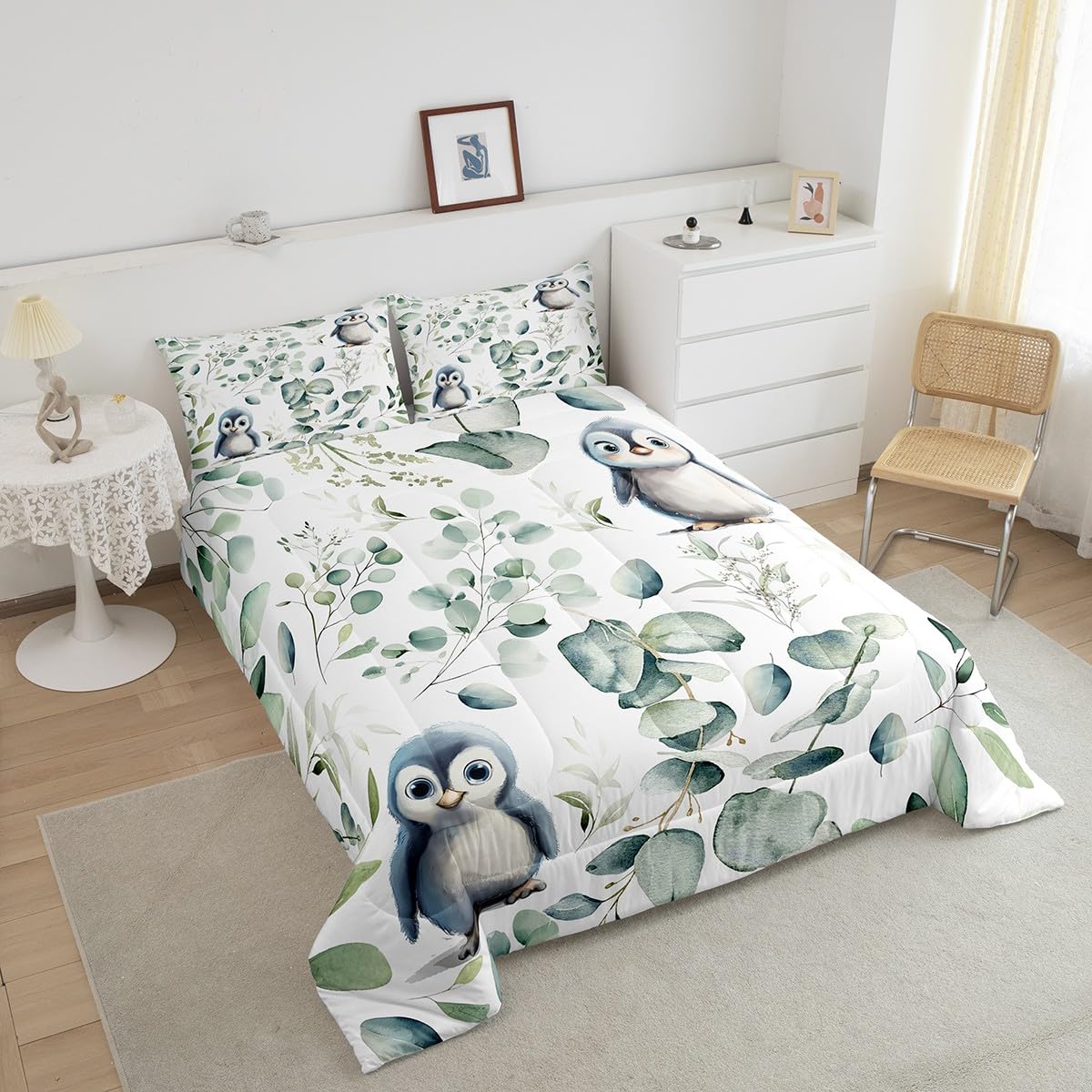 Erosebridal Cartoon Penguin Bedding Twin Toddler Woodland Wildlife Comforter Set, Plant Duvet Insert Eucalyptus Leaf Quilt Comforter, Antarctic Animal Theme Bedding Comforters & Sets Kids Room Decor