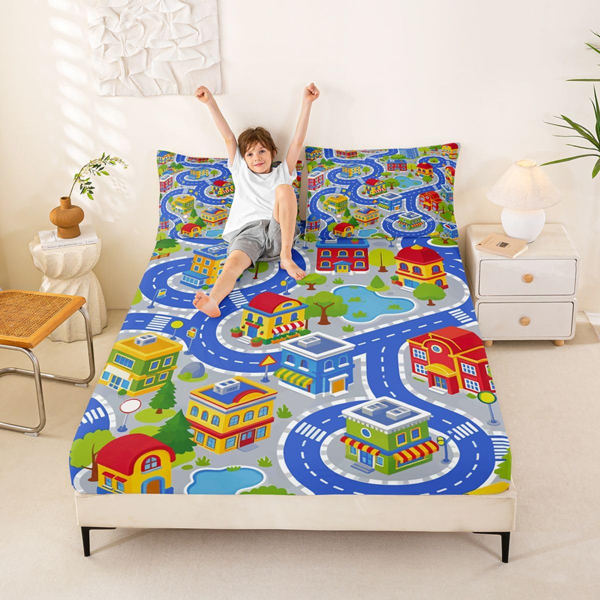Manfei City Road Map Fitted Sheet Set Cartoon Town Houses Street Bedding Set for Kids Bedroom Adventure Educational Childlike Bed Sheet Set 3pcs Deep Pocket Mattress Cover,No Top Flat Queen Blue Gray