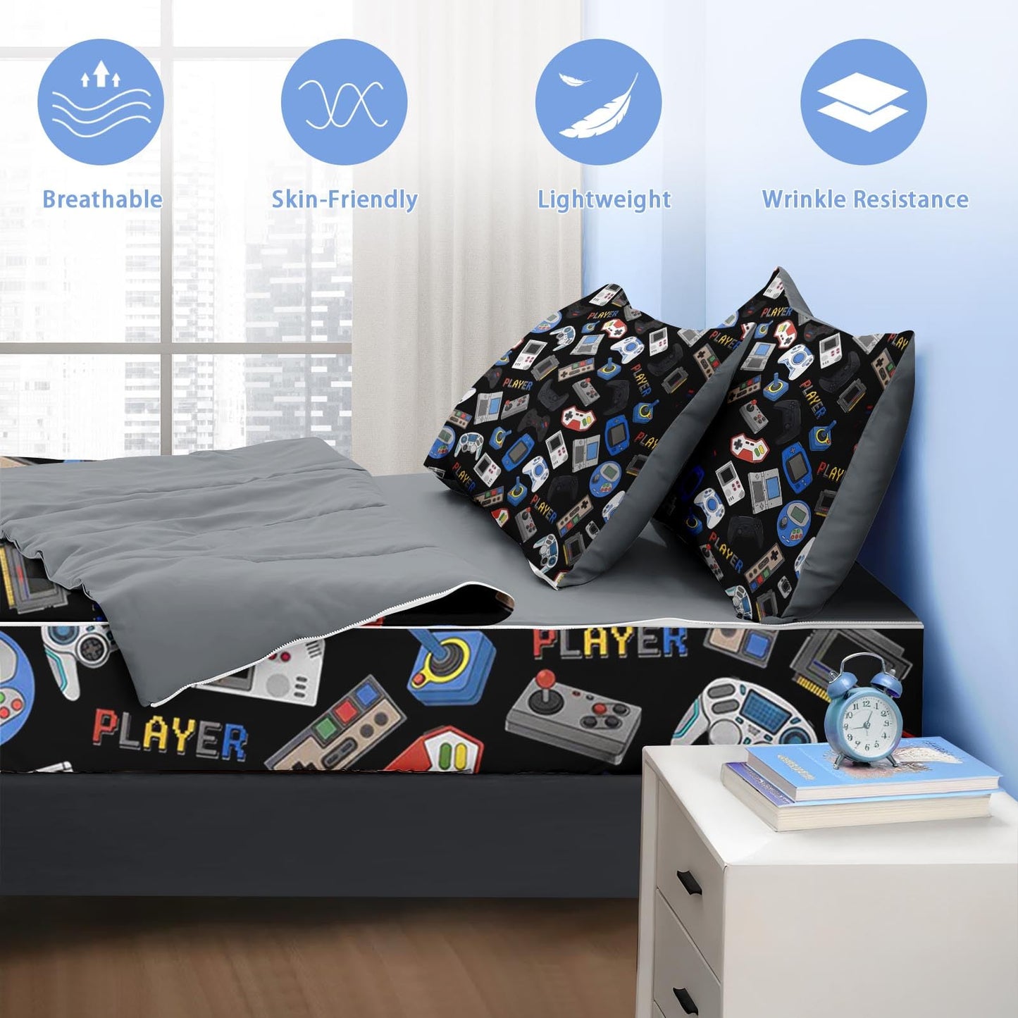 Nesker Zipper Bedding Twin Retro Colorful Gamepad Zip Up Bedding Set for Boys and Kids, Gaming Controller 3 Pcs Comforter Bed in a Bag with Fitted Sheet and 2 Pcs Pillowcases