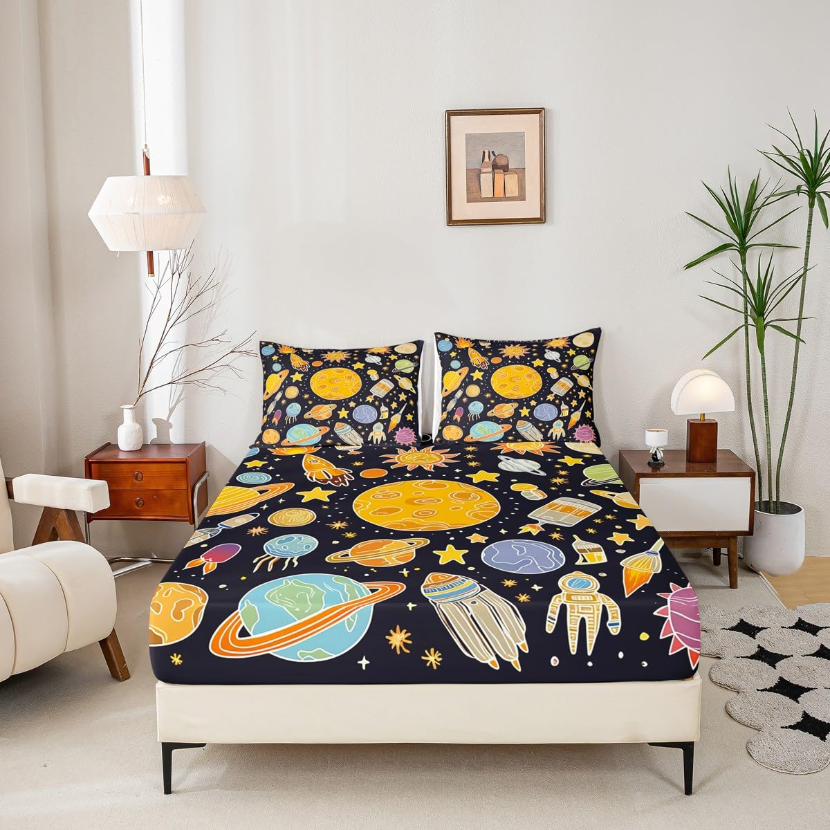 Outer Space Bed Sheet Set Twin, Solar System Fitted Sheet for Kids Planet Solar System Bedding Set Boys Girls Educational Bed Cover Bed Set 2Pcs (No Flat Sheet)