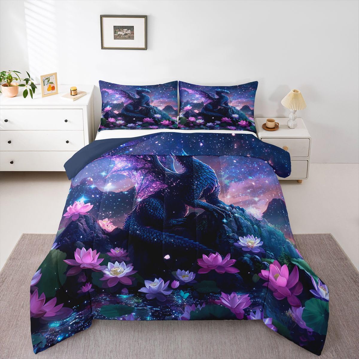 Feelyou Dragon Kids Comforter Set Twin Size Dragon Stuff Bedding Set Wild Life Duvet Quilt for Kids Boys Girls Bedroom Magic Wildlife Decor Blue Purply Ultra Soft Breathable