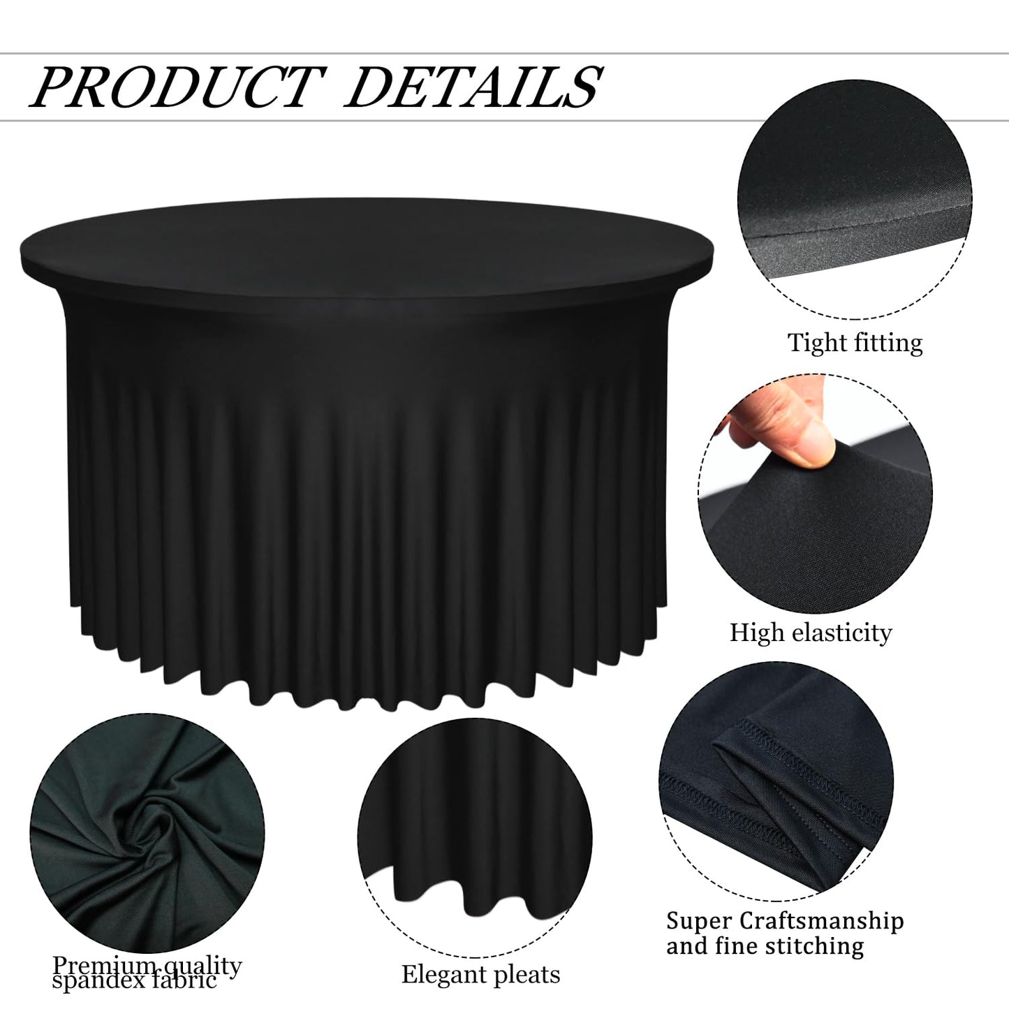 Yoquare 2 Pack 48" Diameter x 30" Height Black Table Skirt | Fits 4FT Round Tables |Polyester Spandex Round Table Cloths with Skirt|Stain 、Wrinkle Resistant、 for Wedding,Party,Dining,Banquet