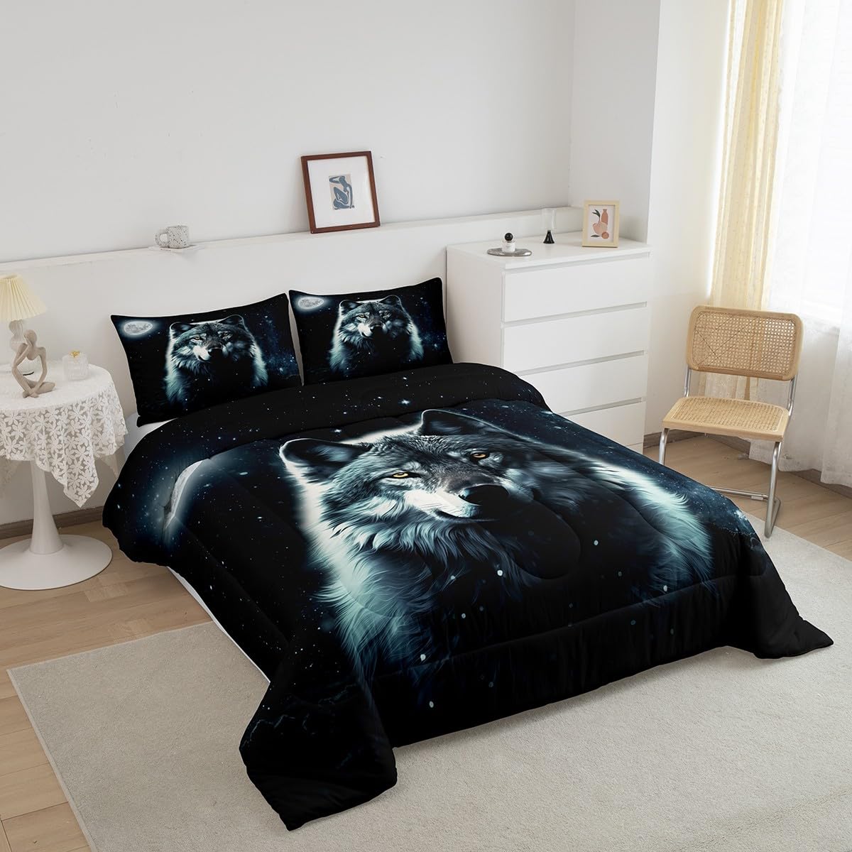 Manfei Galaxy Wolf Comforter Set Twin Size, Wild Animal Theme Quilt Set with 1 Pillowcase, Blue Starry Sky Moon Bedding Set 2pcs for Kids Boys Teens Room Decor Lightweight Duvet Insert