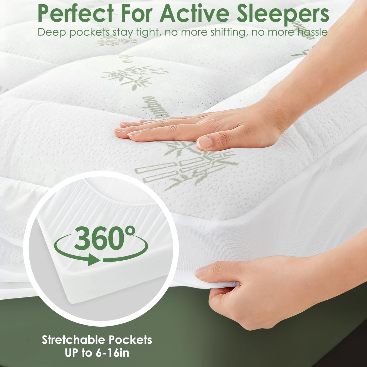 Queen Mattress Topper Viscose Derived from Bamboo, Cooling Thick Pillow Top Mattress Pad with Deep Pocket for 8"-21" Mattress, Soft Breathable Mattress Topper for Back Pain Relief, Green