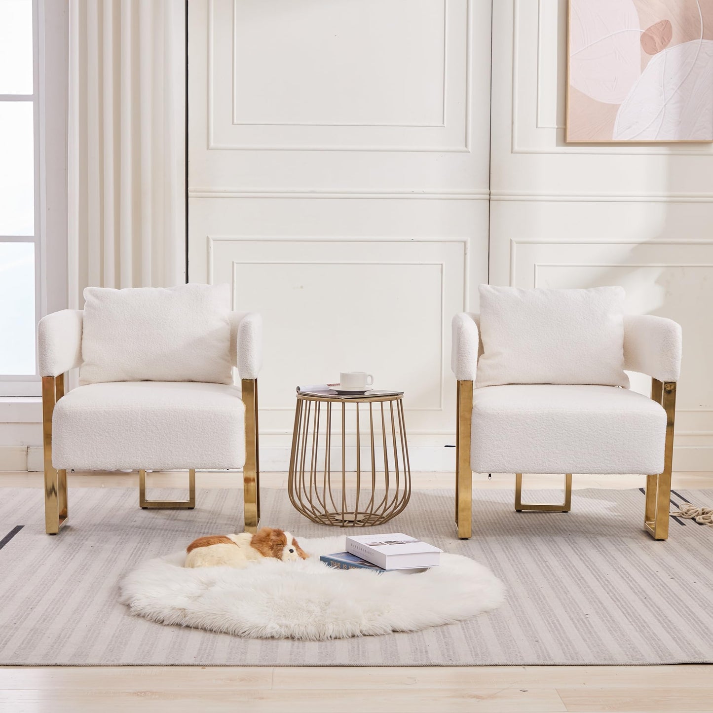 YITAI Modern Accent Chairs no Wheels, Living Room Side Chairs Set of 2 with Golden Metal Legs, Barrel Soft Teddyt Upholstered Reading Armchairs for OfficeReception RoomBedroomLounge,White