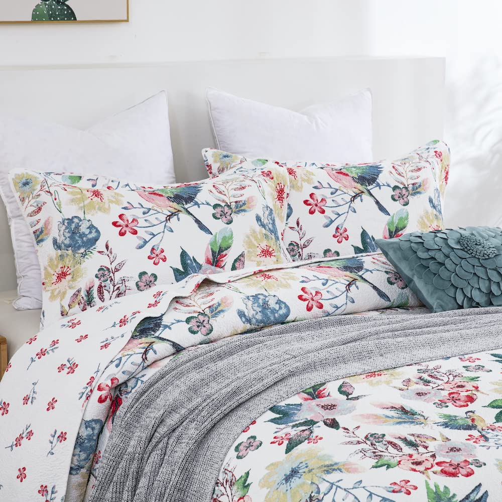 DAUAOTO Cotton Quilt Set Queen Size,Bed Coverlet Reversible Bedspread (Pattern Bird & Floral)