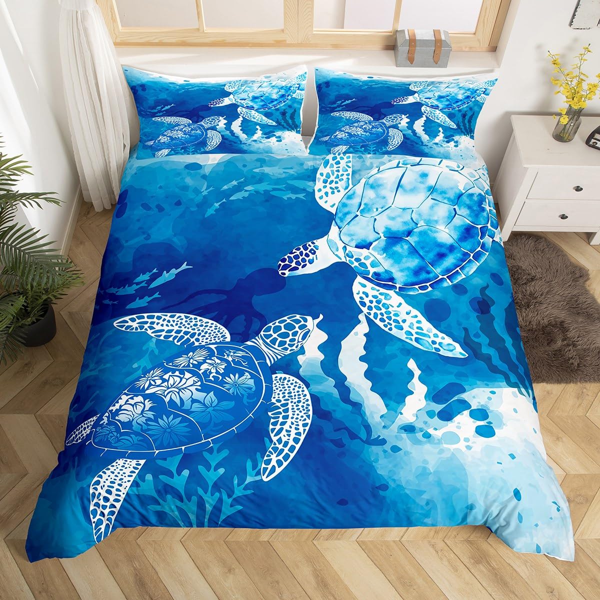 Homewish Sea Turtle Bedding Set Full,Octopus Seaweed Silhouette Duvet Cover for Teens Girls Room ,Navy Blue Tie Dye Comforter Undersea Animals Plants Quilt 3pcs with 2 Pillowcases Full 80''x90''