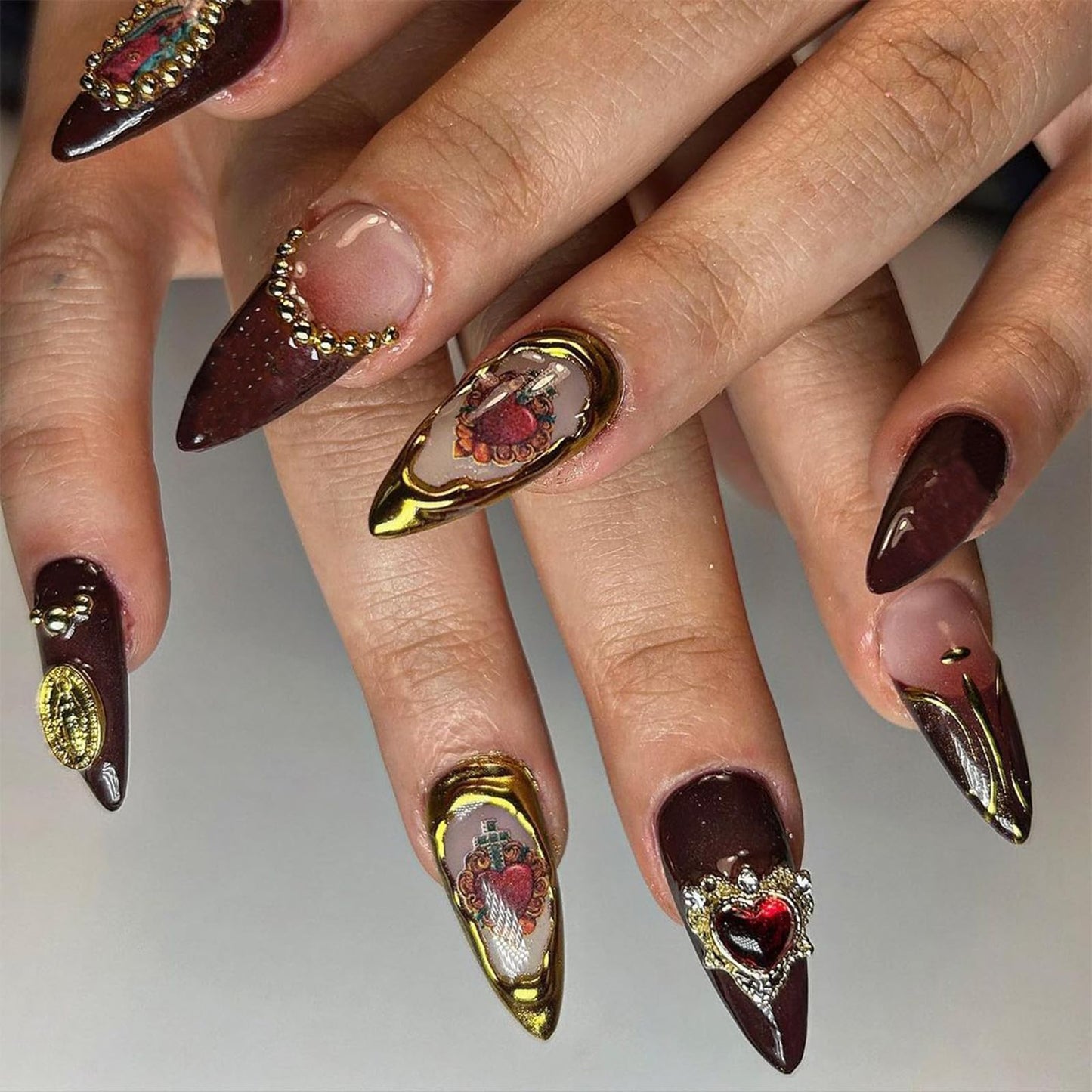 IMSOHOT Almond Press on Nails Medium Brown Fake Nails with Vintage Golden Charms Designs Glossy Glue on Nails Full Cover Gel Acrylic Stiletto Fall False Nails for Women 24Pcs