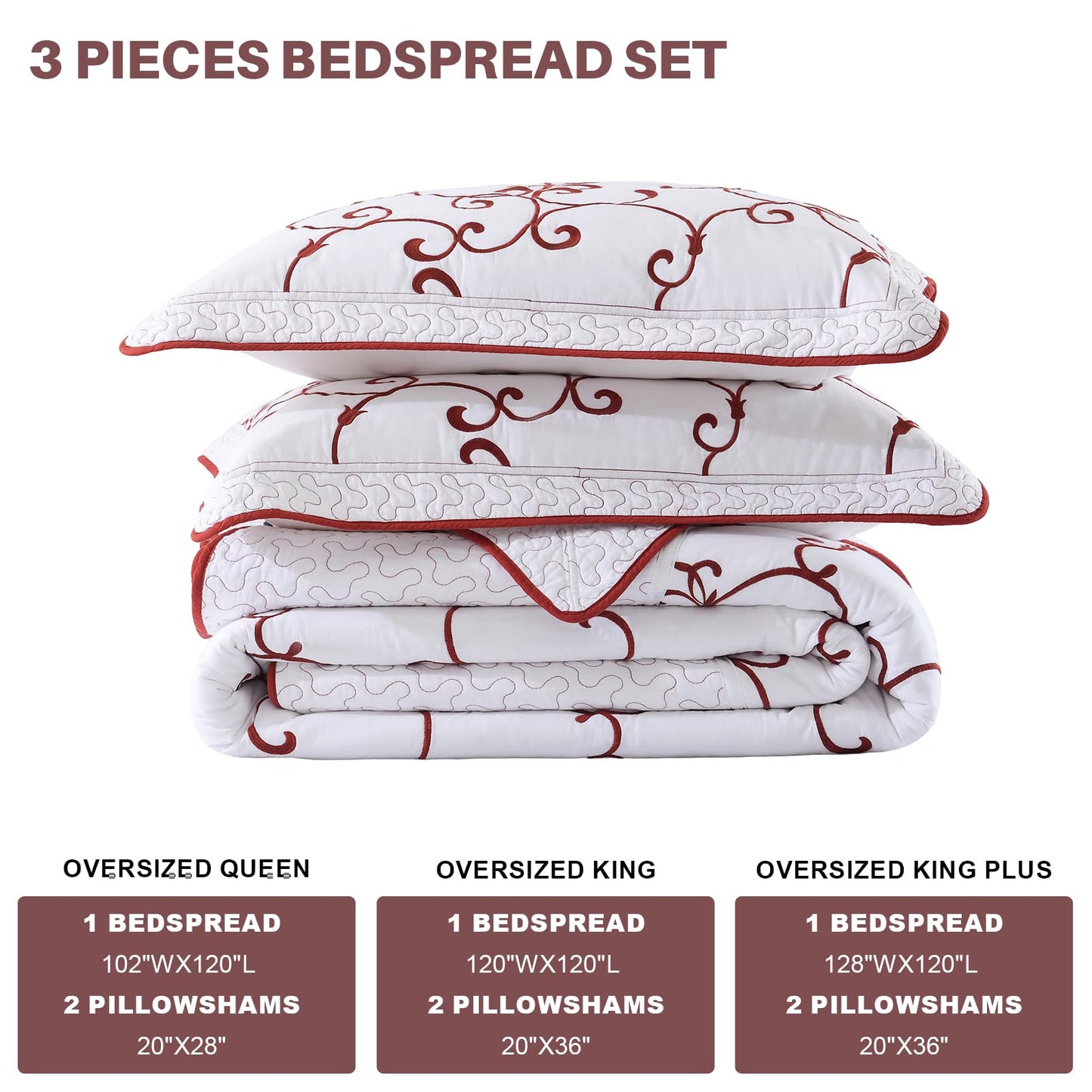 FineStichery Oversized Queen Bedspread 120"x102" - 100% Cotton Extra Large Quilt, Embroidered Bedspread Coverlet with Pillow Shams, Lightweight Quilted Bedding Set 3 Piece, Burgundy/White