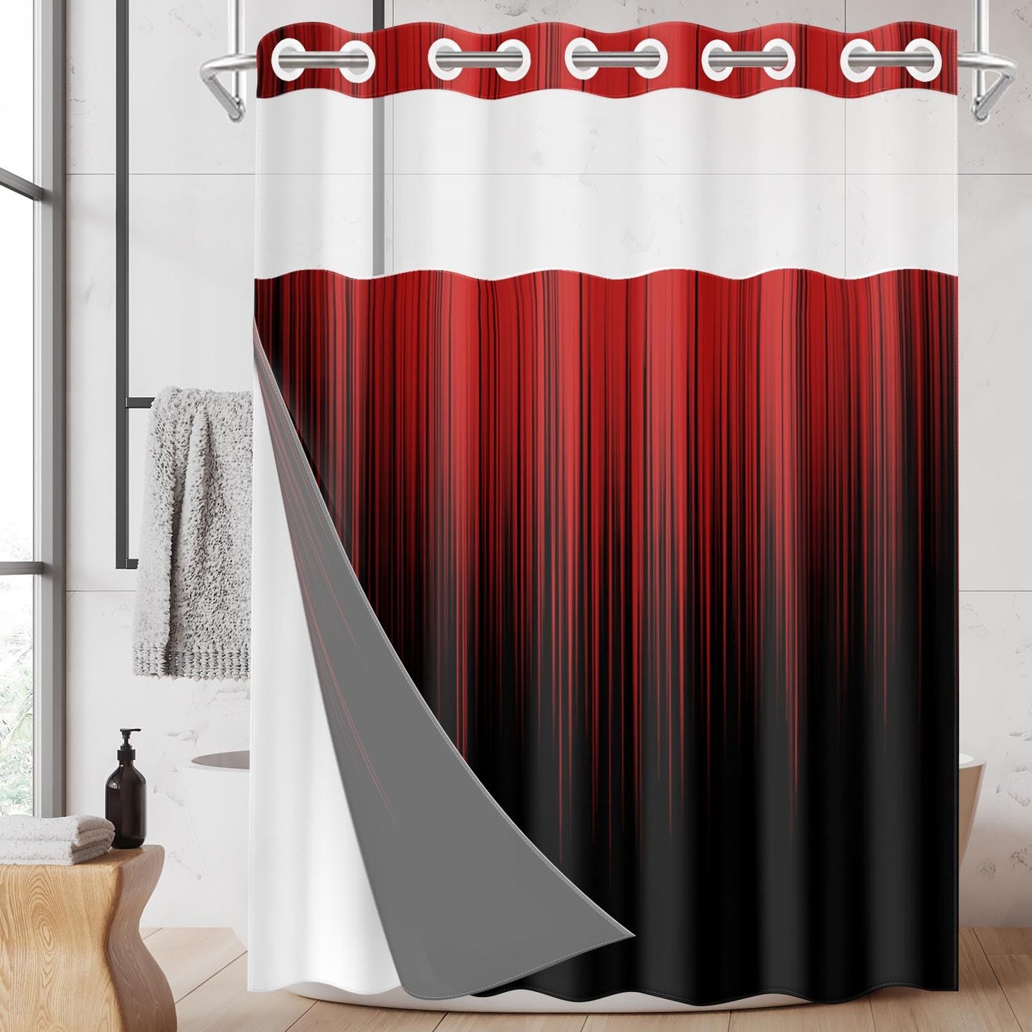 Nesphy No Hook Red and Black Ombre Shower Curtain with Snap in Fabric Liner Set, Simple Artistic Aesthetic Double Layers Waterproof Fabric with See Through Top Window Open Grommet Curtain 71x74 Inch