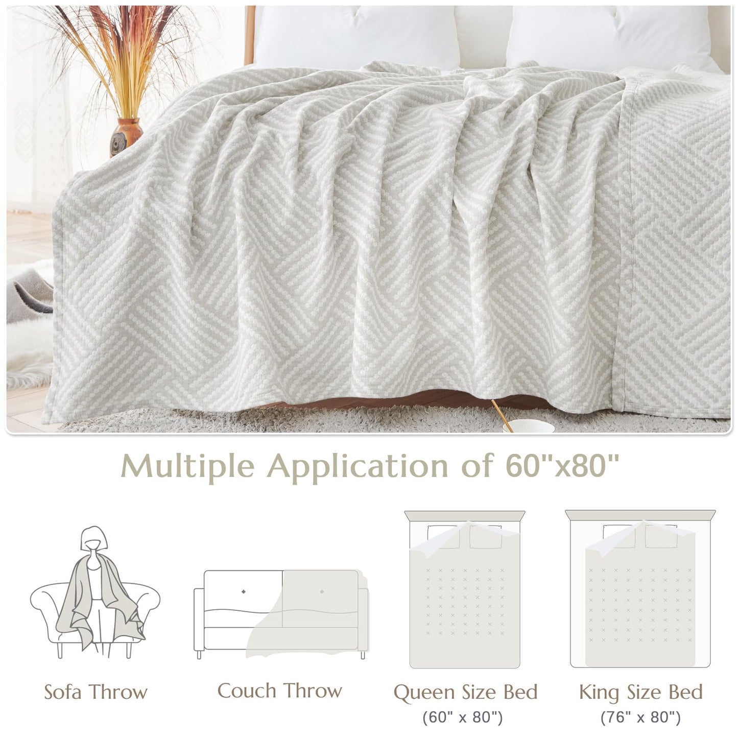 jinchan Boho 100% Cotton Blanket Muslin Twin Size 60x80 Inches Lightweight 3-Layer Geometric Square Pattern Reversible Quilt Throw Soft Breathable Comfy All Seasons for Couch Bed Decor, Light Grey