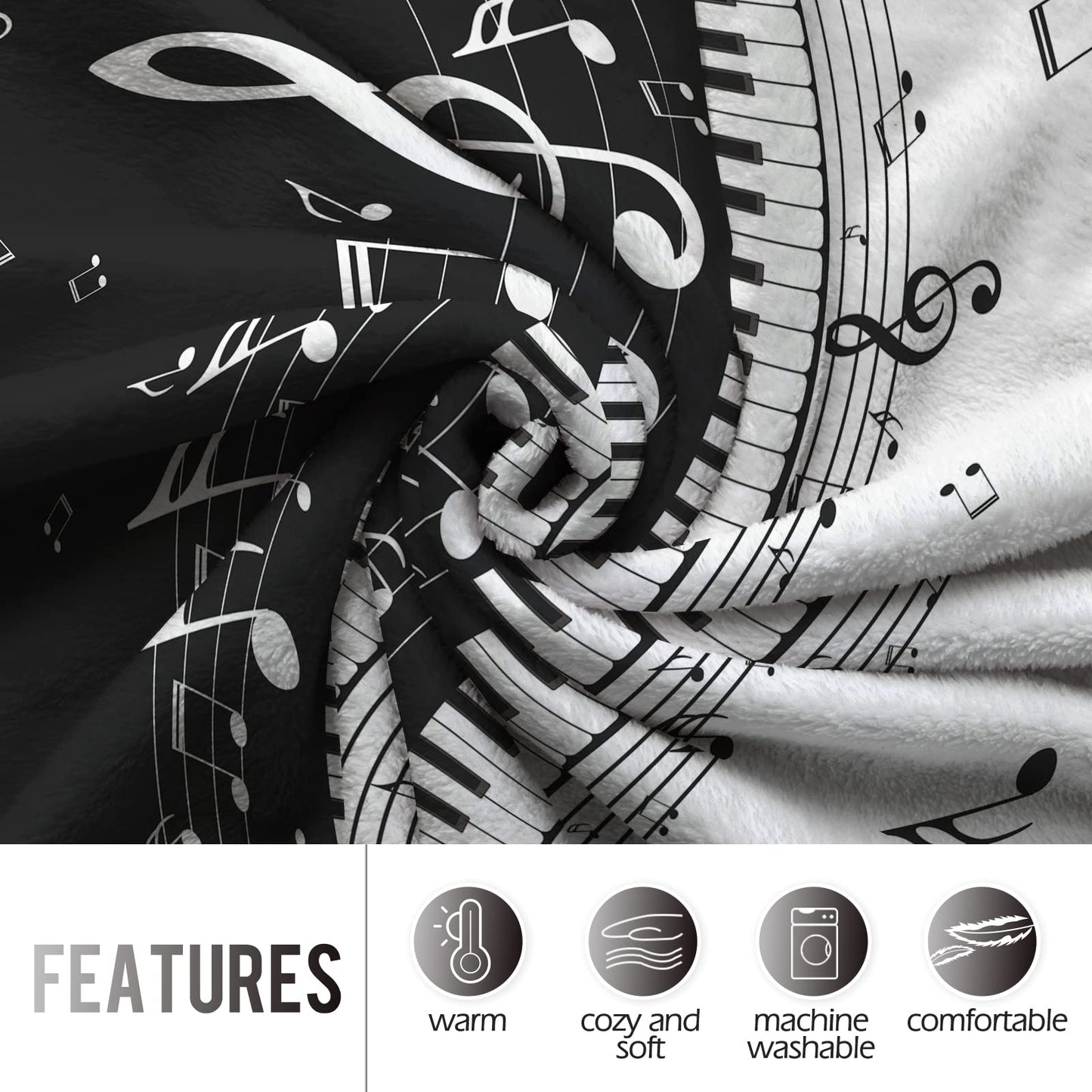 Levens Music Blanket Gifts for Women Girls Men 60"x50", Abstract Piano Music Note Decoration for Home Bedroom Living Room Chair Sofa, Soft Comfortable Lightweight Throw Blankets Black