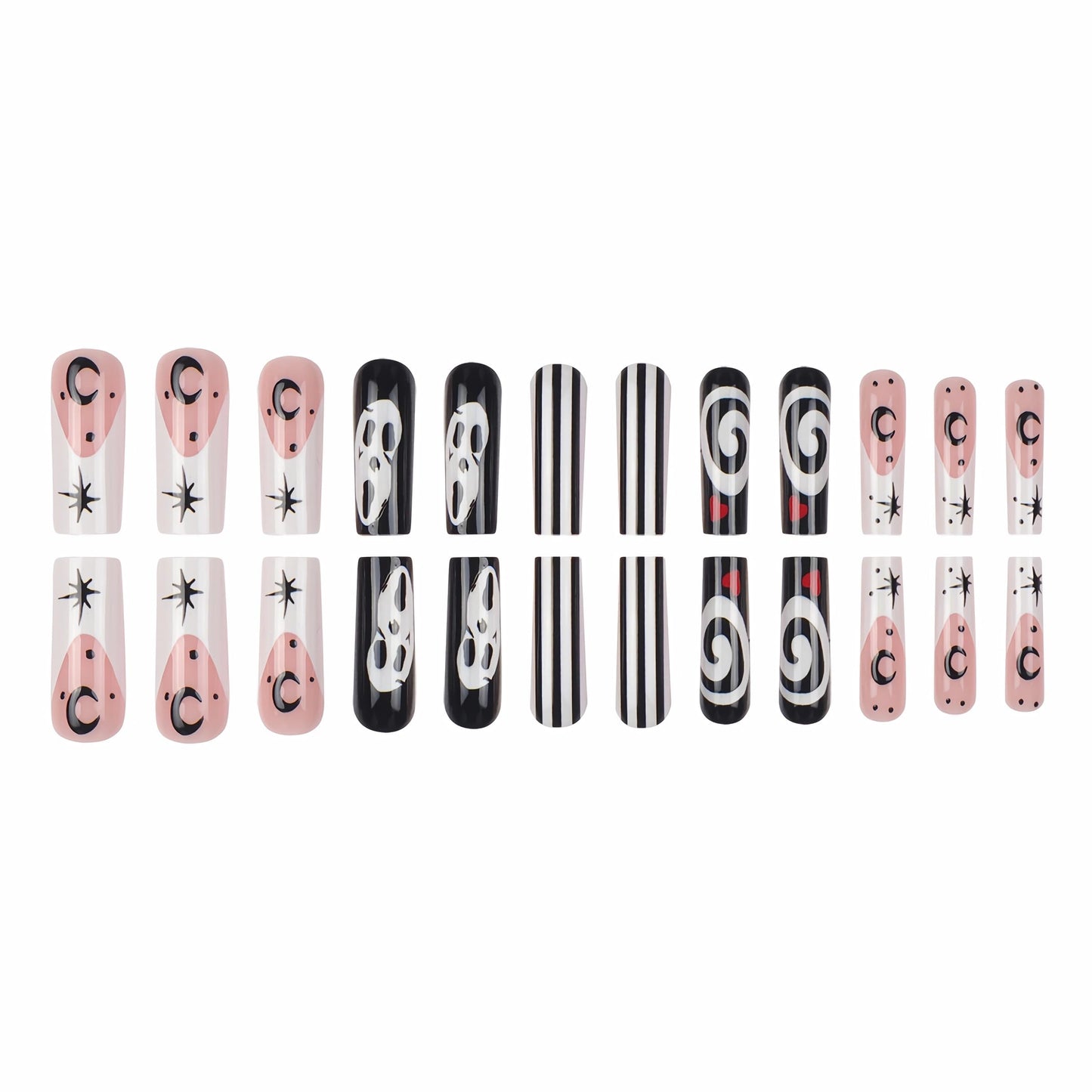 BABALAL Punk Press on False Nails Long Square Fake Nails Black Goth Glue on Ghost Moon Swirl Design Halloween Custom Supplies Art 24Pcs XL Glossy Manicure Acrylic False Nails