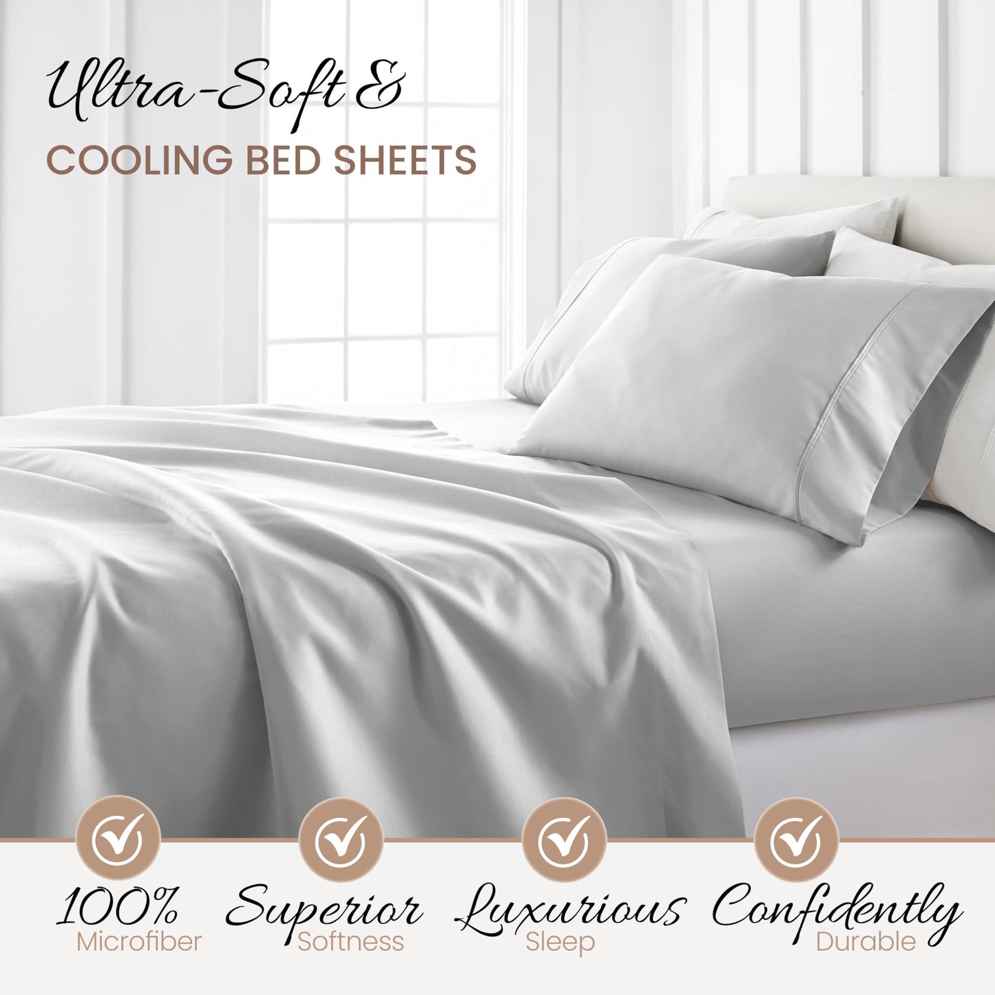 Linen Market Brushed Microfiber King Sheet Set 4 Piece – Oeko-TEX Certified Ultra Soft & Wrinkle-Free - 16" Deep Pocket Sheets - Easy Care King Size - Light Gray