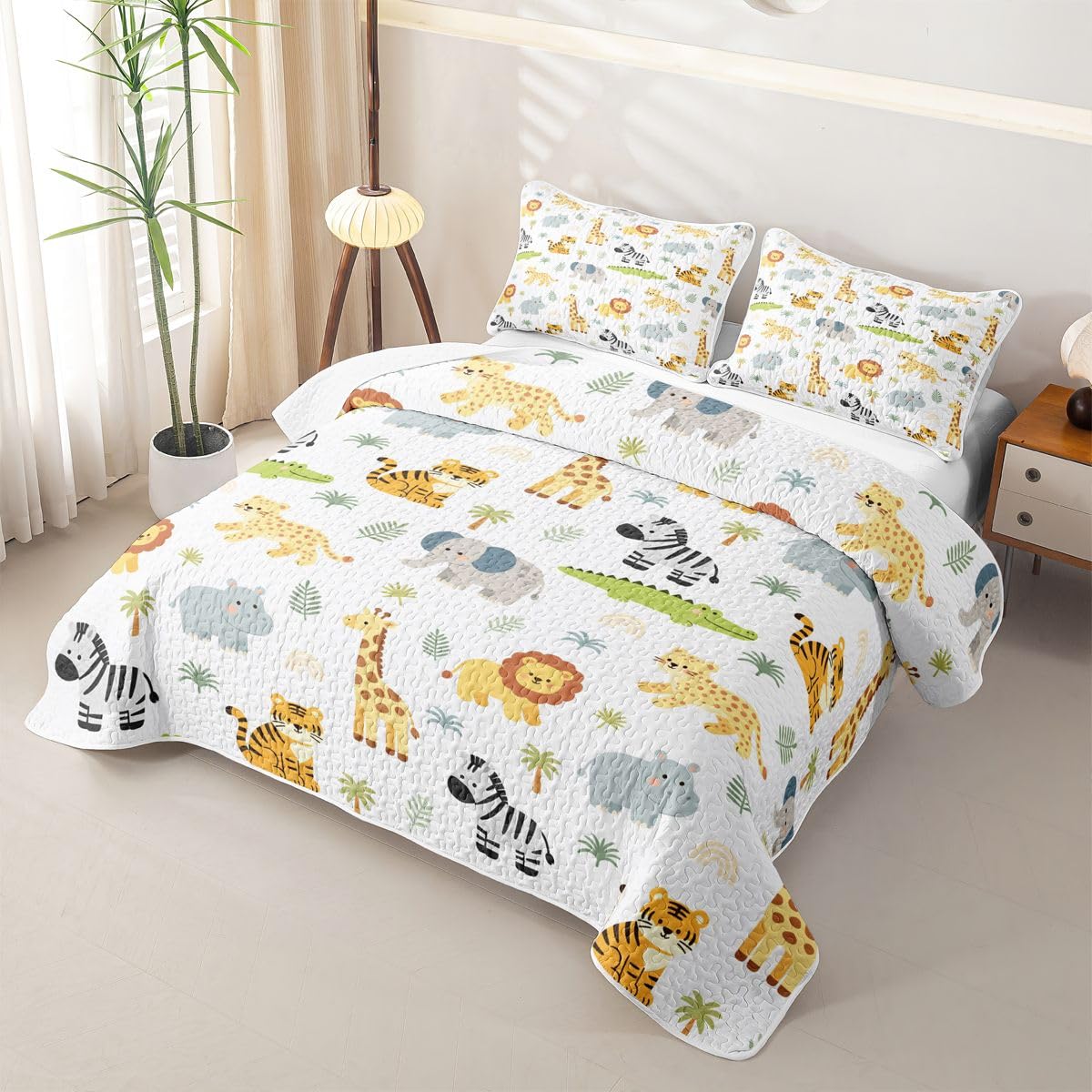Feelyou Giraffe Quilt Sets King Size Lion Kids Boys Girls Quilts with 2 Pillowcases Soft Elephant Bedspread Coverlet Set Gift for Kids Lightweight Bedding 3D Wild Animal Pattern