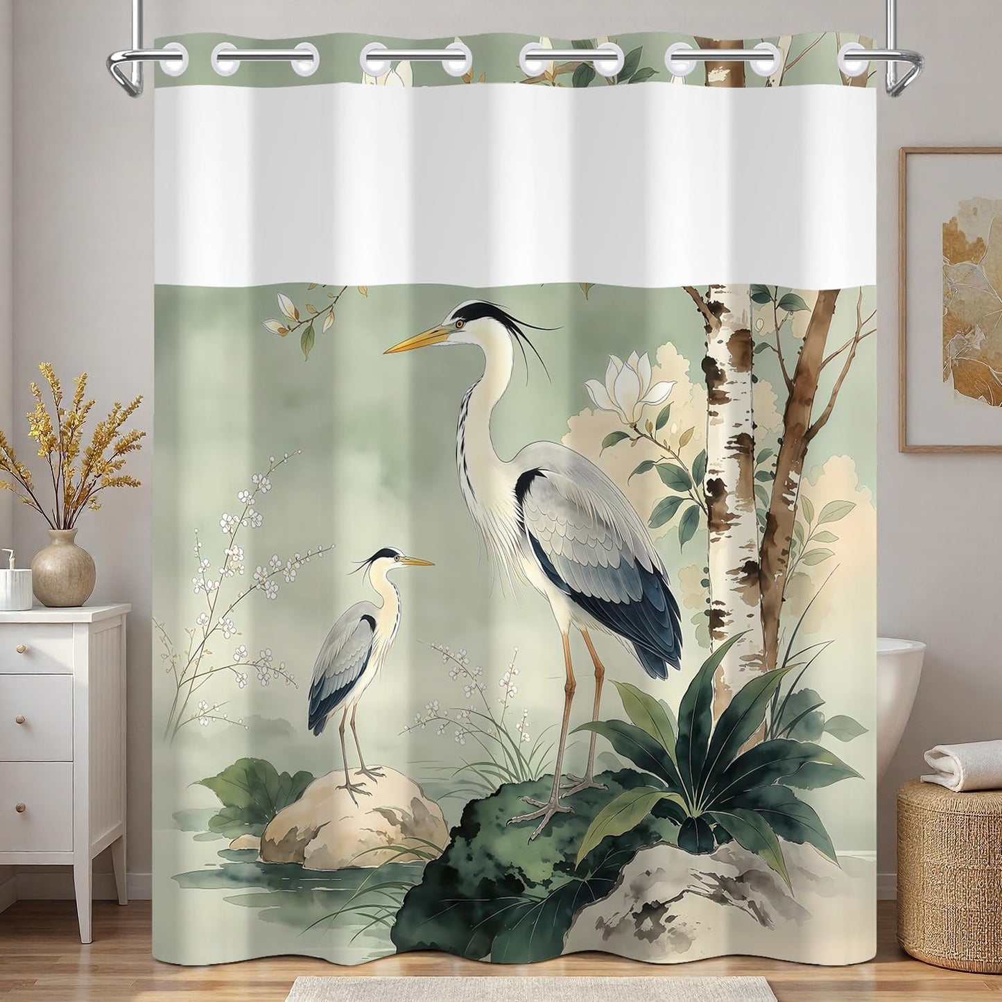 Xiazhilaio Zen Crane No Hook Shower Curtain with Snap in Liner, 71x74 Inch