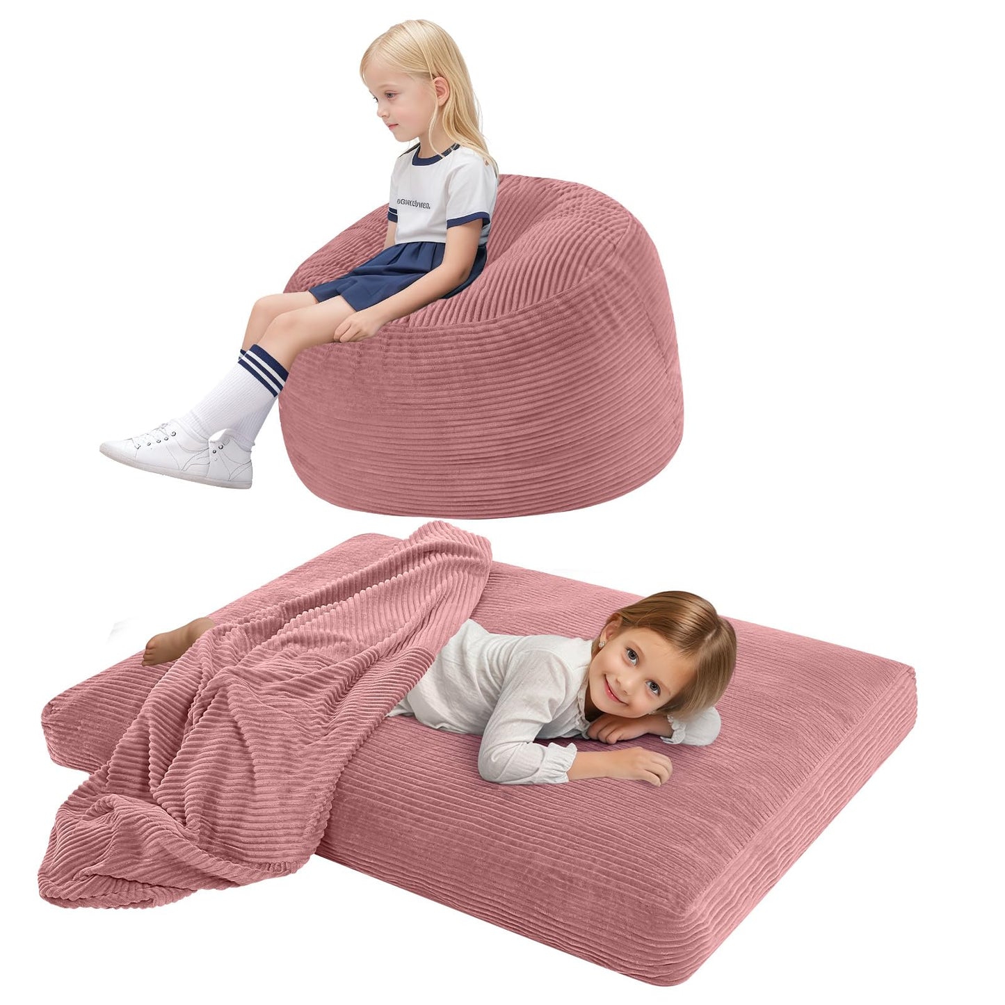 COMAX Kids Bean Bag Chair Turn into Beanbag Bed, Toddler Bean Chair Corduroy for Girl Boy Sleeping, Lazy Children Bean Bags with Filler, Convertible Child Floor Mattress, Light Pink