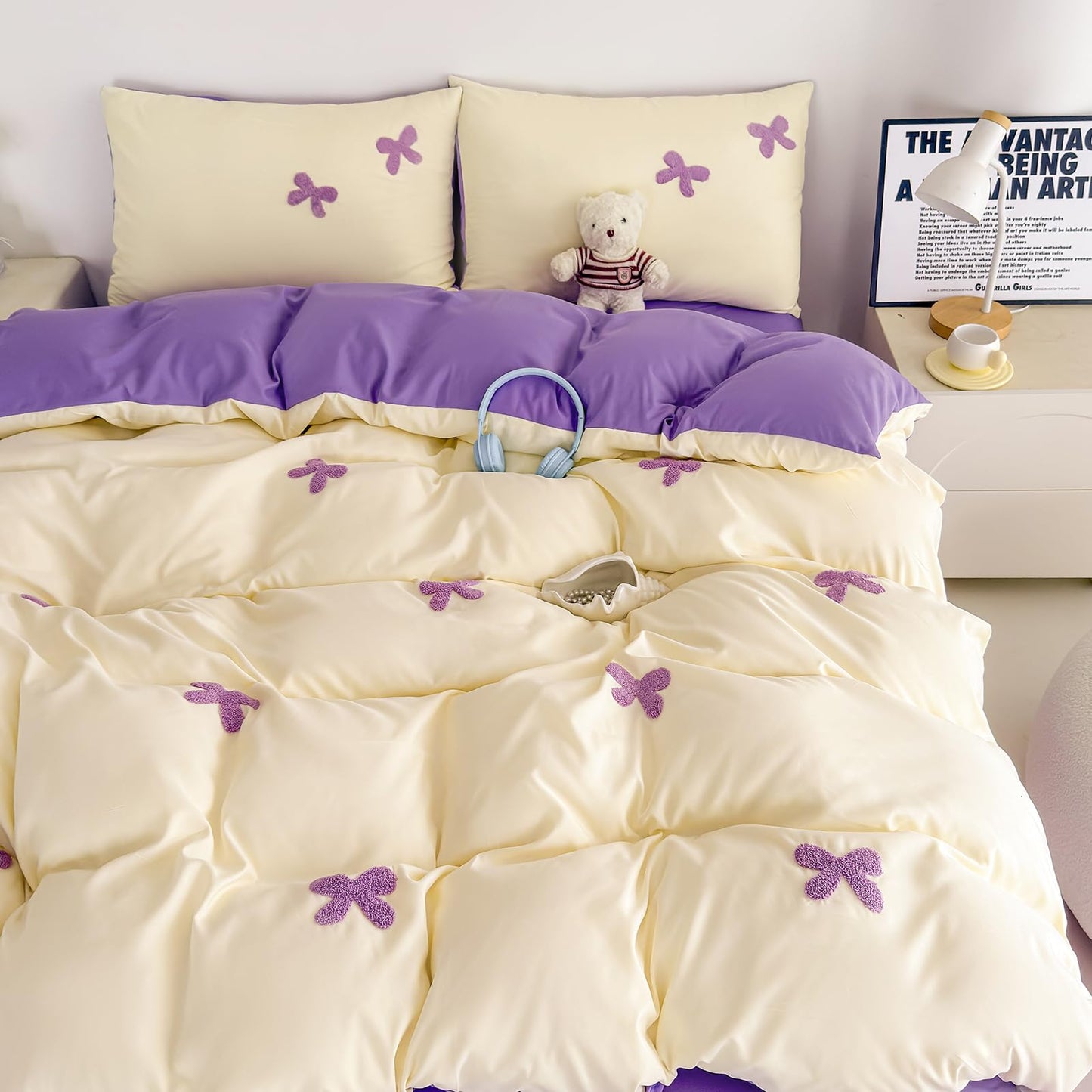 Tailor Shop Queen Size Girls Bedding Set 5 Pieces Pink Bedding Tufted Chenille Bowknot Embroidery White Comforter Girls Purple Comforter