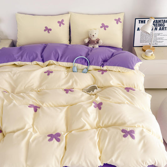 Tailor Shop Queen Size Girls Bedding Set 5 Pieces Pink Bedding Tufted Chenille Bowknot Embroidery White Comforter Girls Purple Comforter