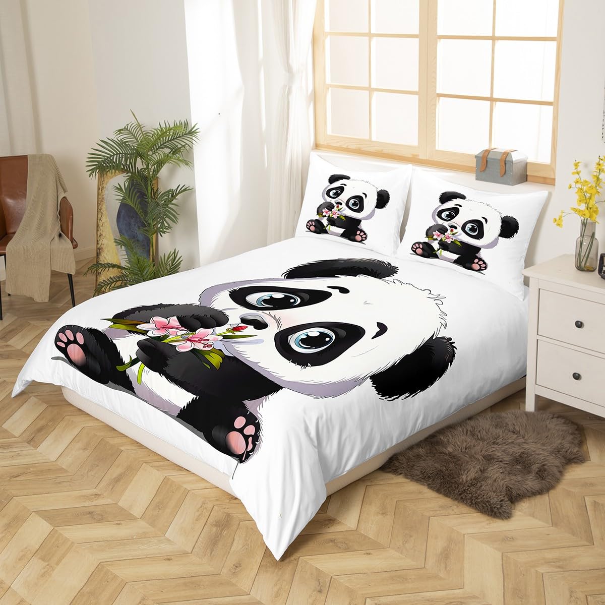 Feelyou Panda Bedding Set for Boys Girls King Size Cute Giant Panda Duvet Cover Set Kids Toddler Cartoon Animal Pattern Comforter Cover with 2 Pillowcases