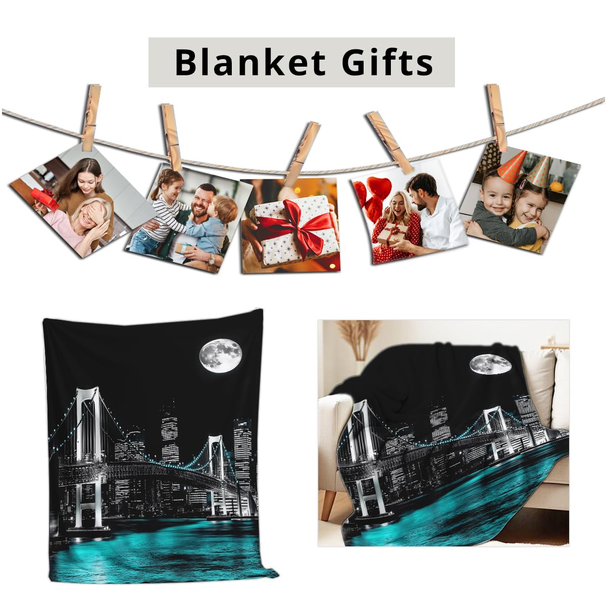 HUNXIAOJ New York City Building Blanket for Bed Couch Cityscape Blanket Throw Black White Teal Decor Flannel Prints Bedding Home Decor (49"x59")