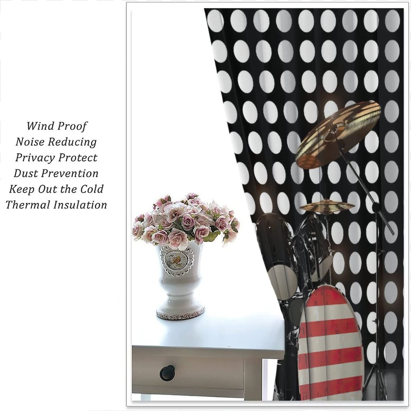 Music Curtains,Rock Roll Musical Instruments American Flag Drum Set Stage Theme Room Darkening Door Window Rod Pocket Curtain for Living Room Teens Boys Bedroom W42xL45in