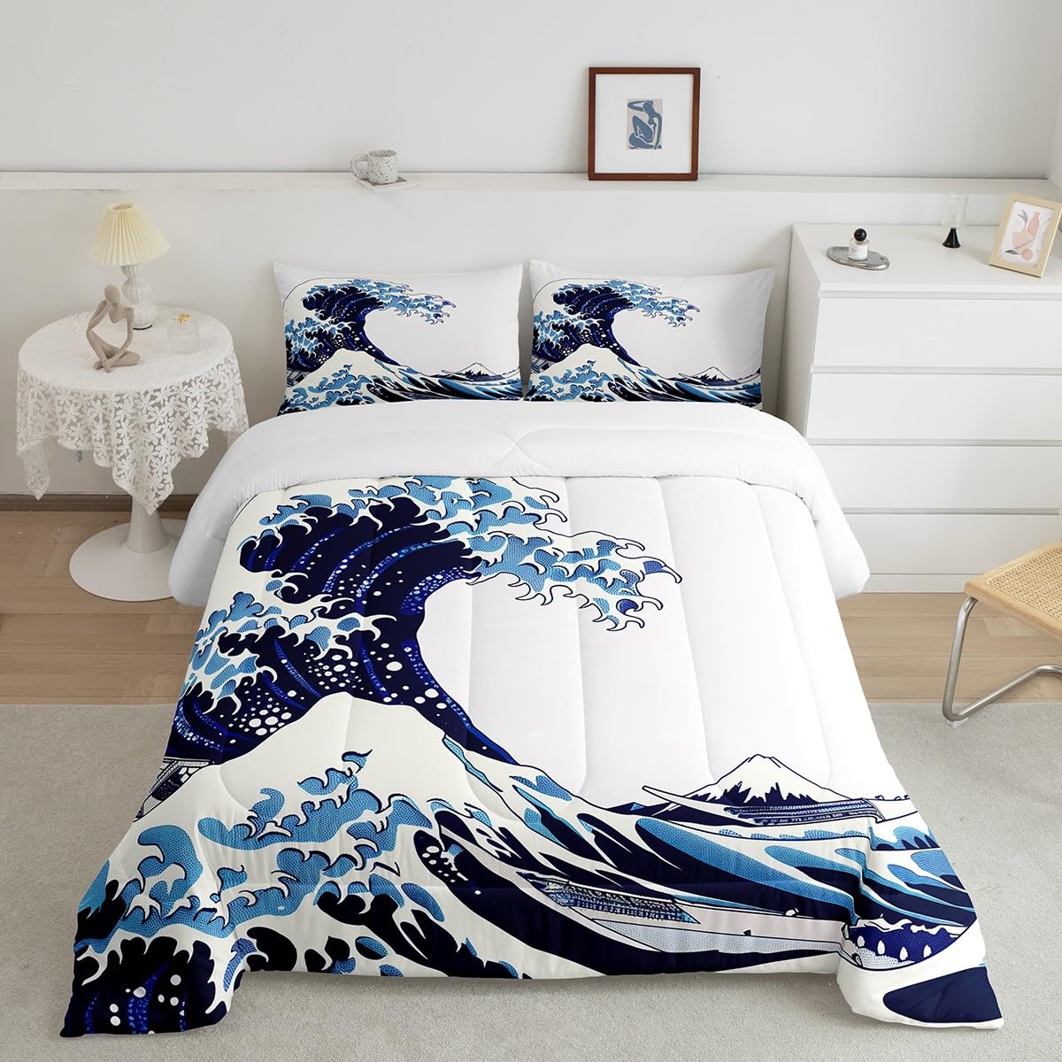 Erosebridal 7 Pcs Japanese Style Comforter Set Twin Sea Ocean Waves Bedding Sets for Men Women Adults Japanese-Style Hand Drawn Quilt with Flat Fitted Sheet Illustration Ukiyoe Themed Bed in A Bag